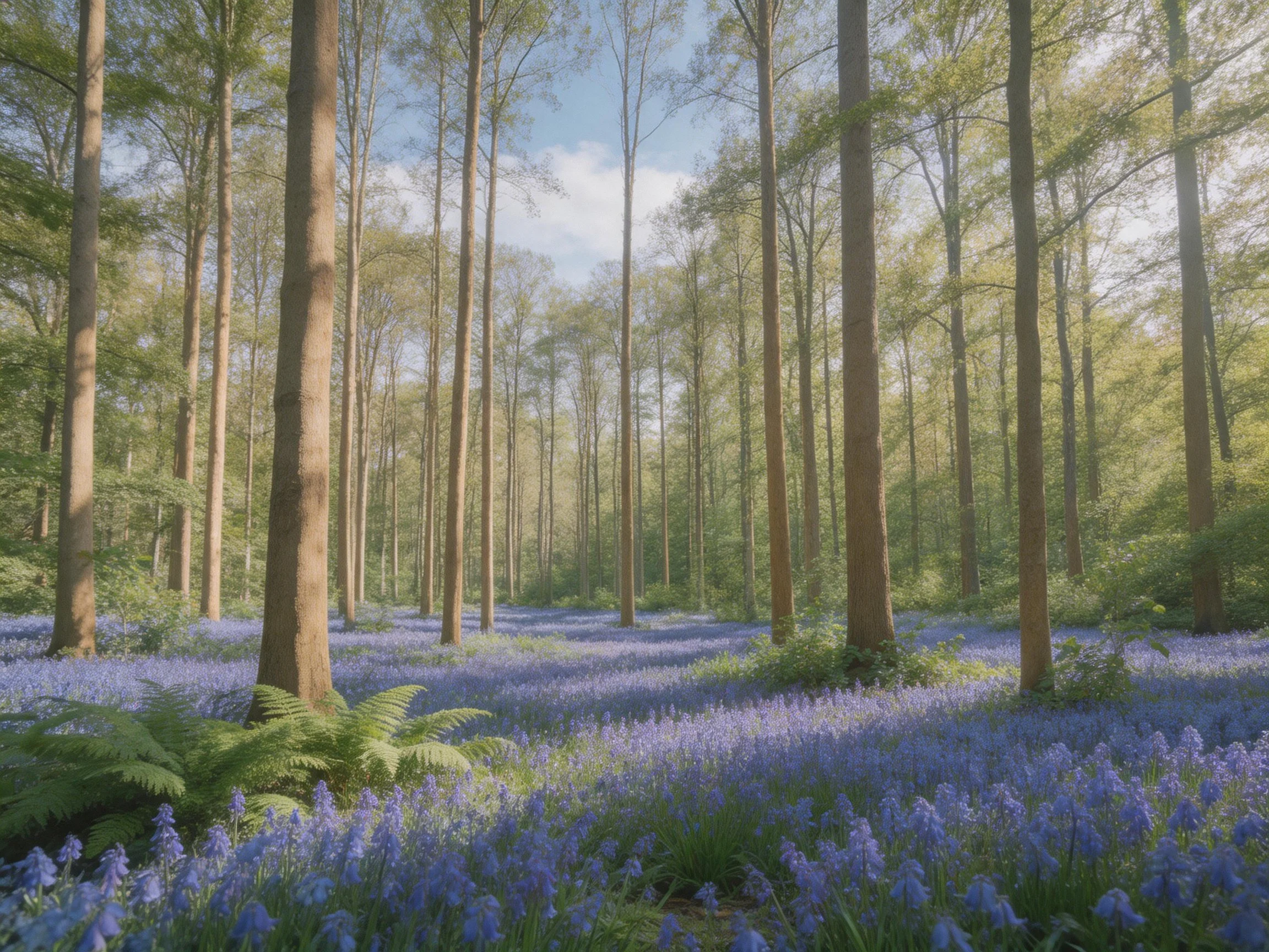 Tall trees tower over extensive bluebell forest with soft natural light