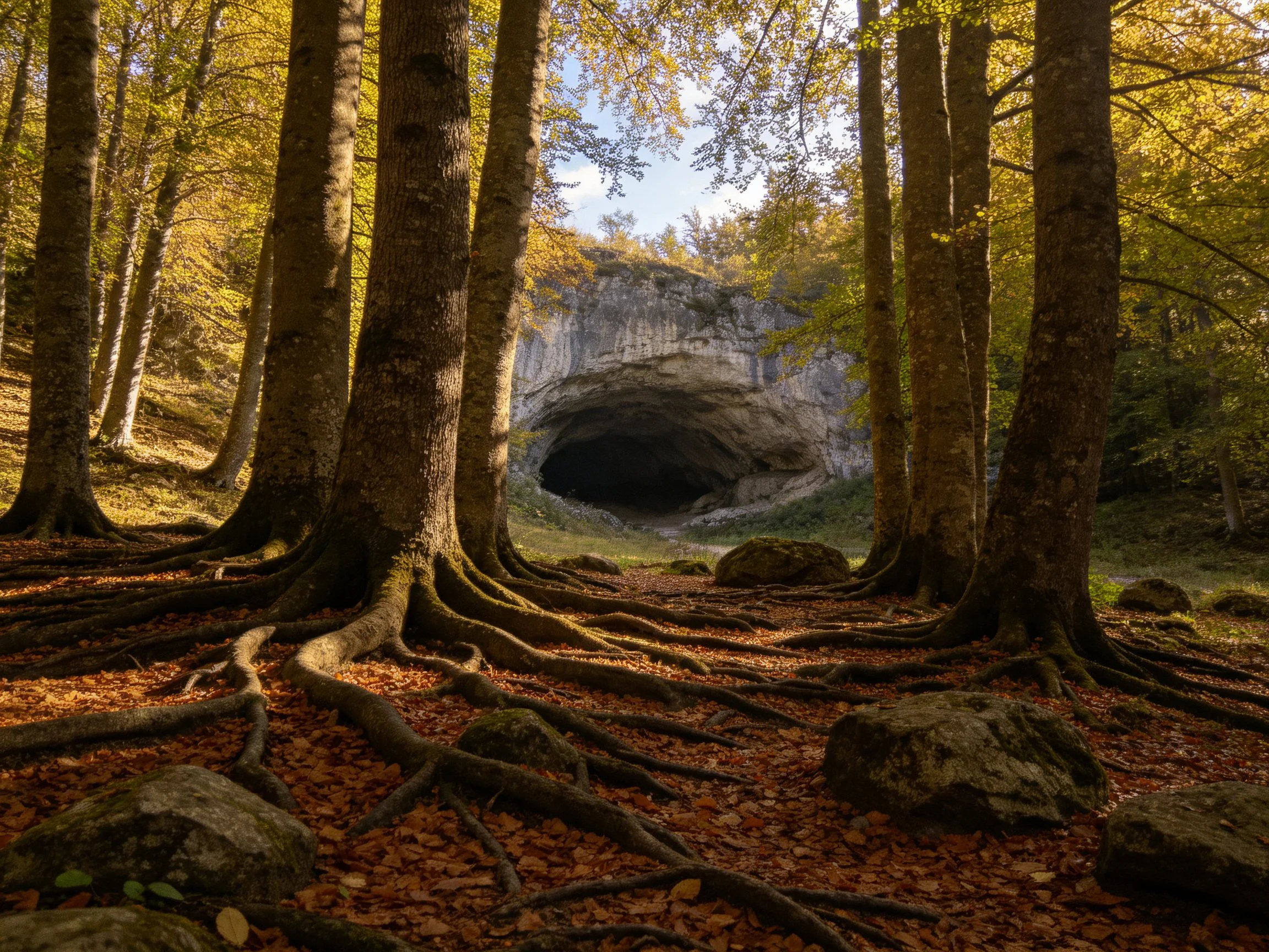Tall trees with exposed roots near an ancient cave in autumn