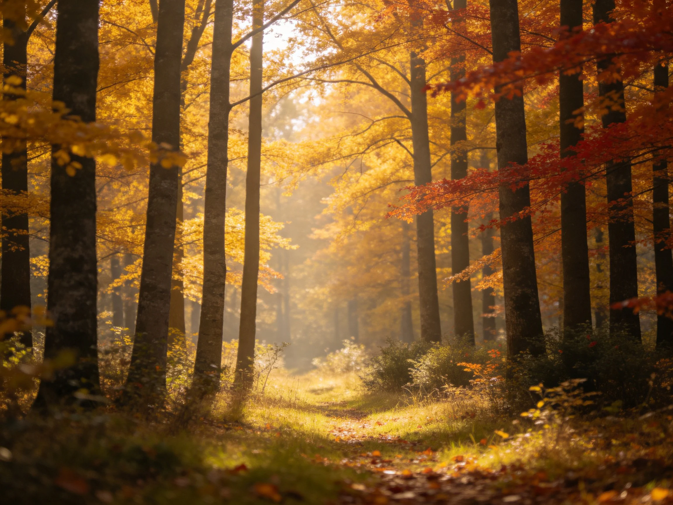 Tall trees with golden and crimson foliage in a sunlit forest