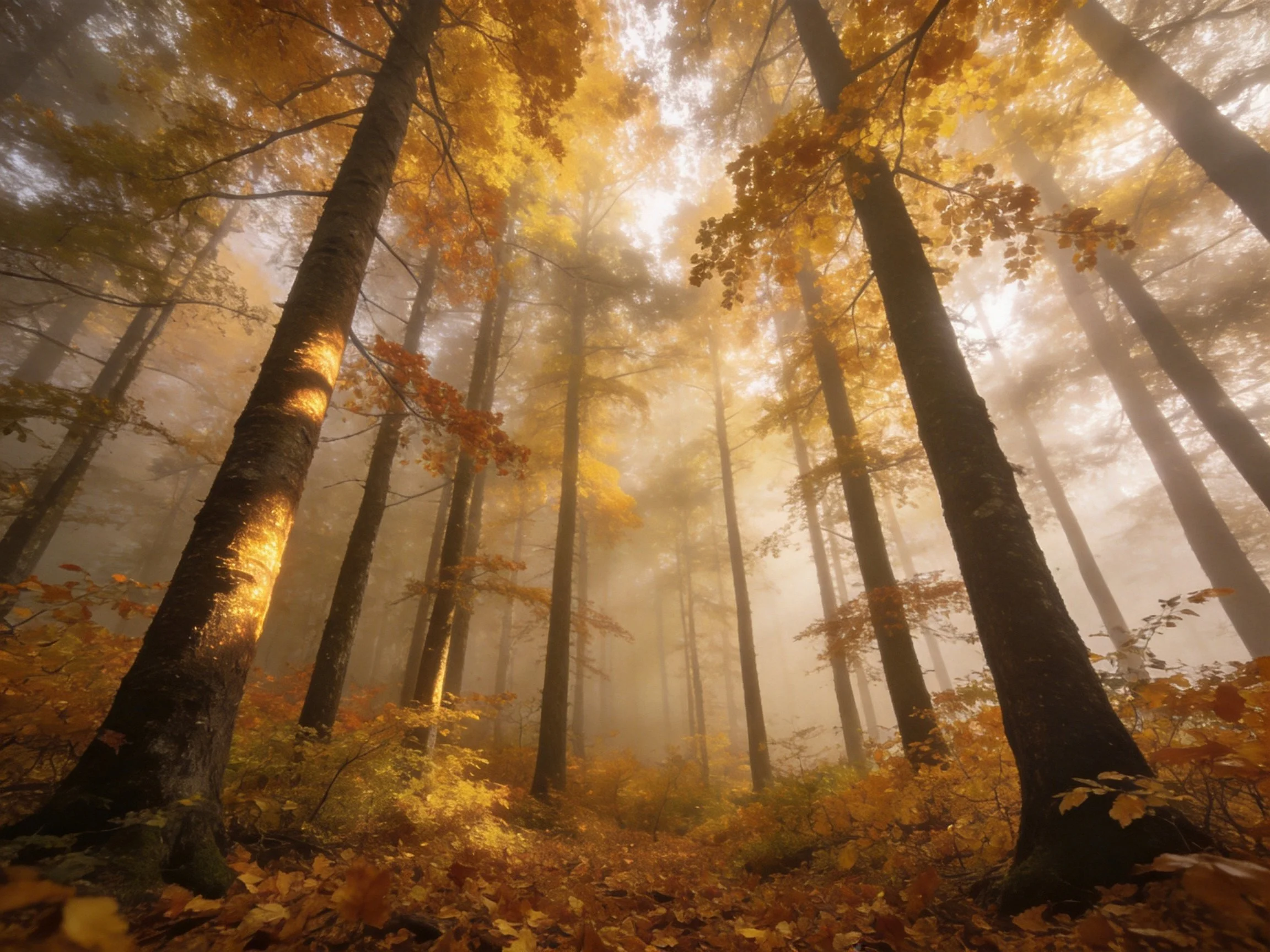 Tall trees with golden autumn foliage in misty forest
