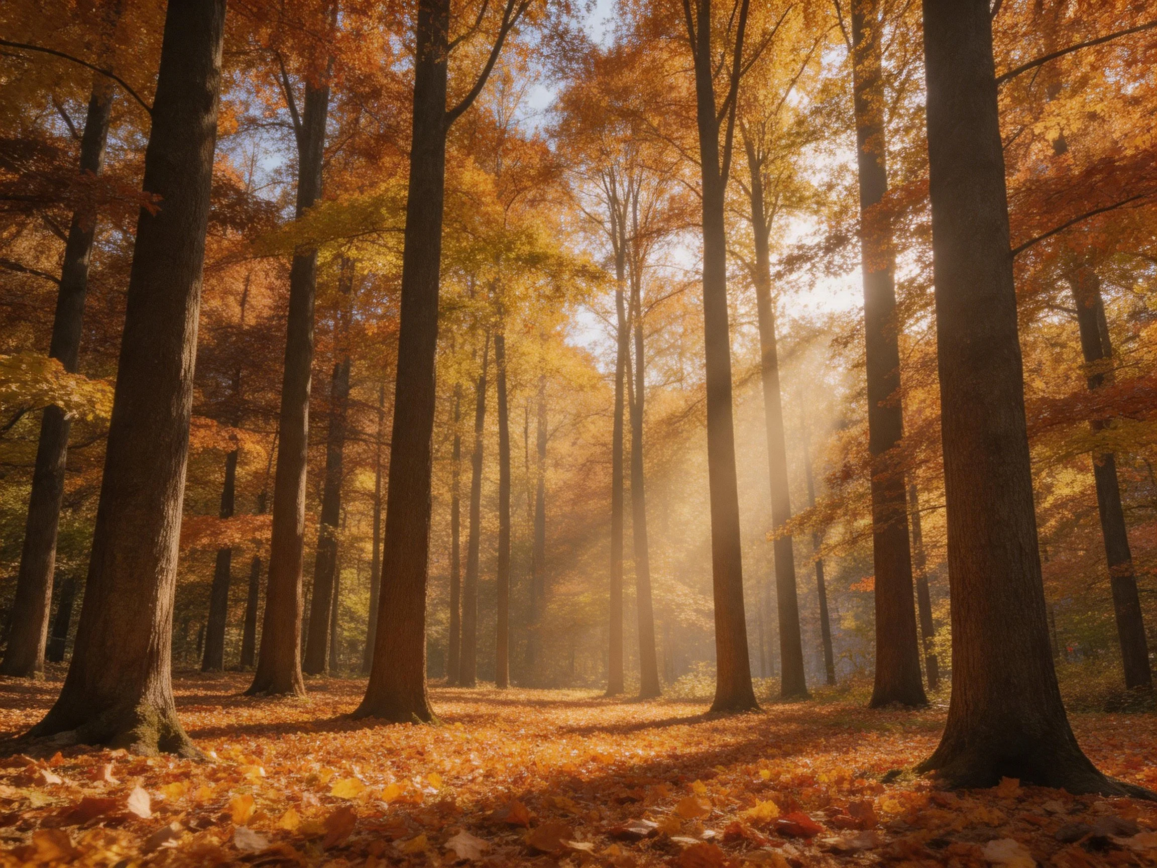 Tall trees with golden-orange leaves in sunlit autumn forest