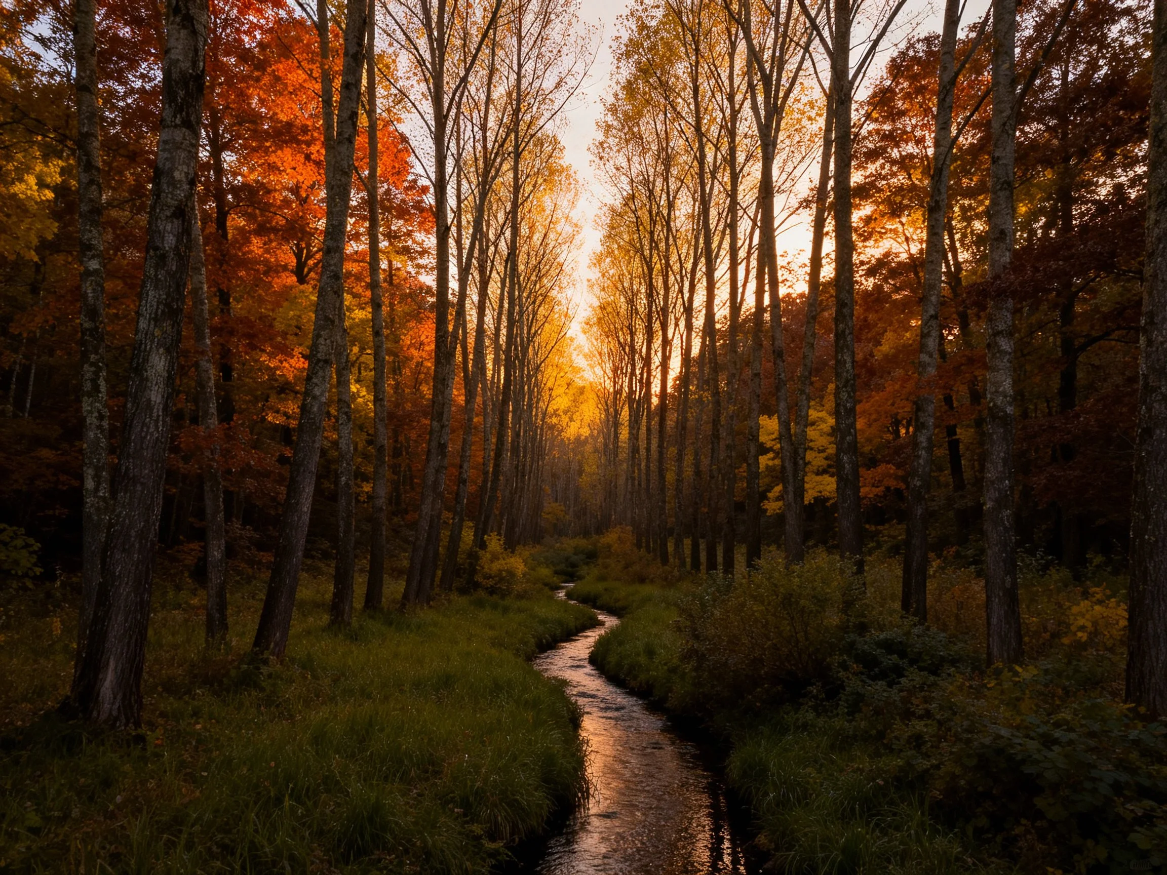 Tall trees with vibrant fall foliage surround a winding stream.