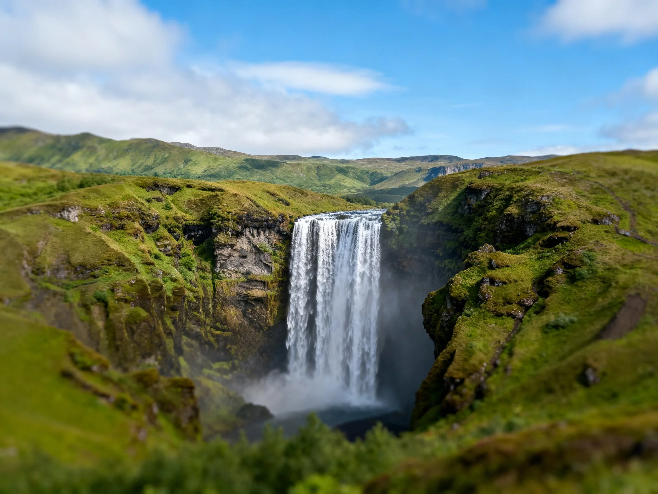 Tall waterfall cascades into a deep canyon among lush green hills
