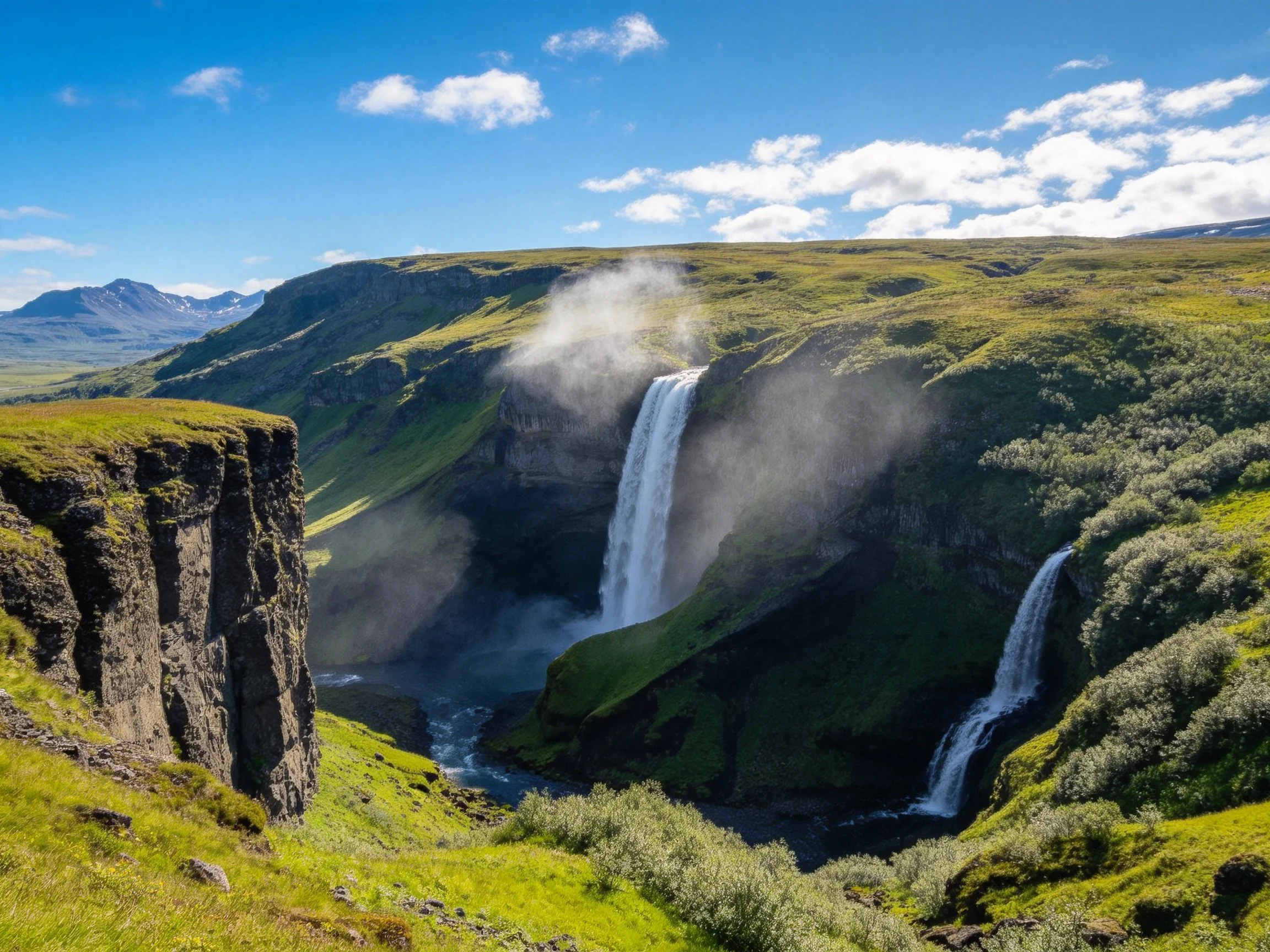 Tall waterfall cascades into lush green canyon under bright blue sky