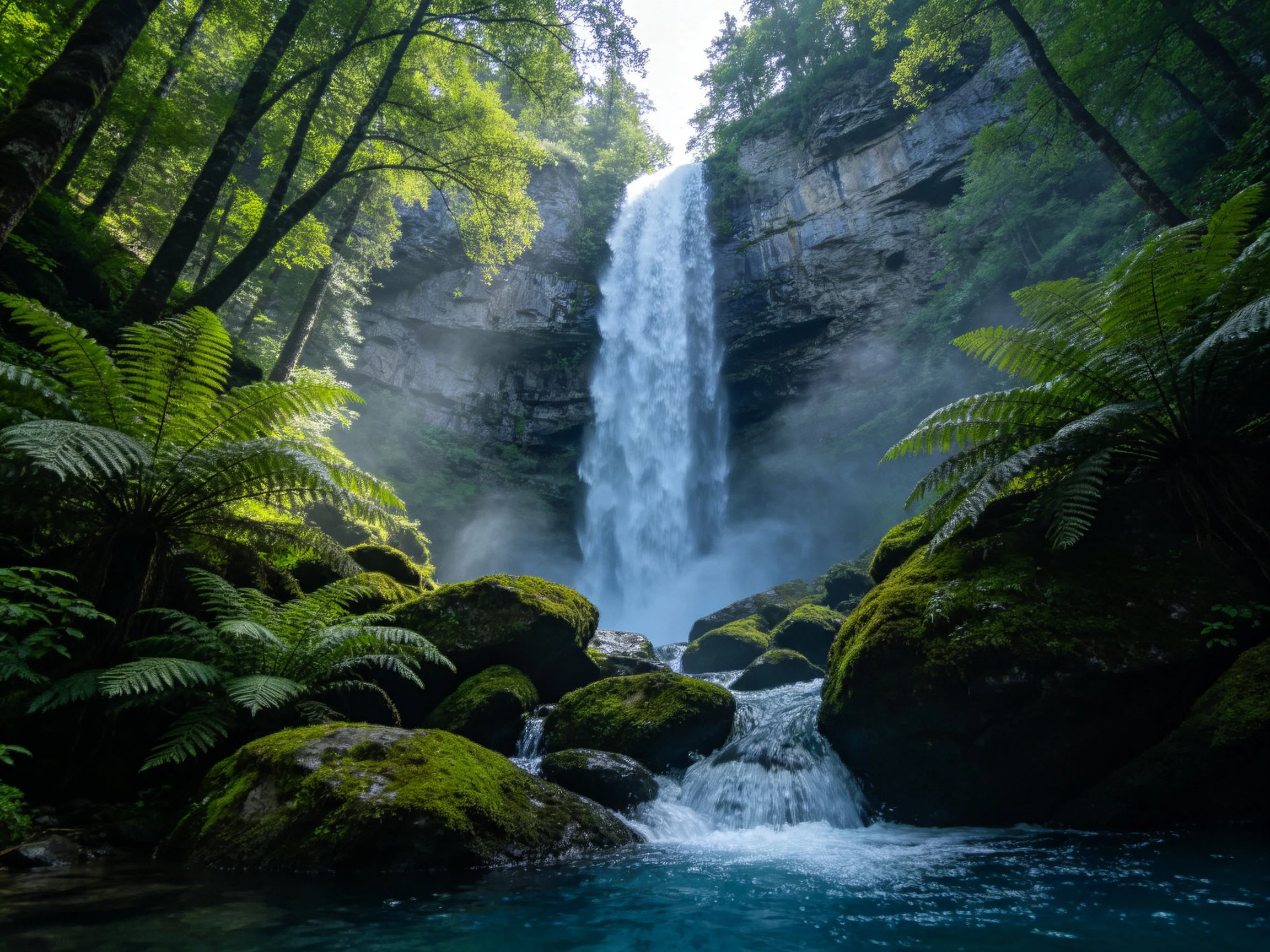 Tall waterfall cascades into moss-covered rocks amid dense ferns