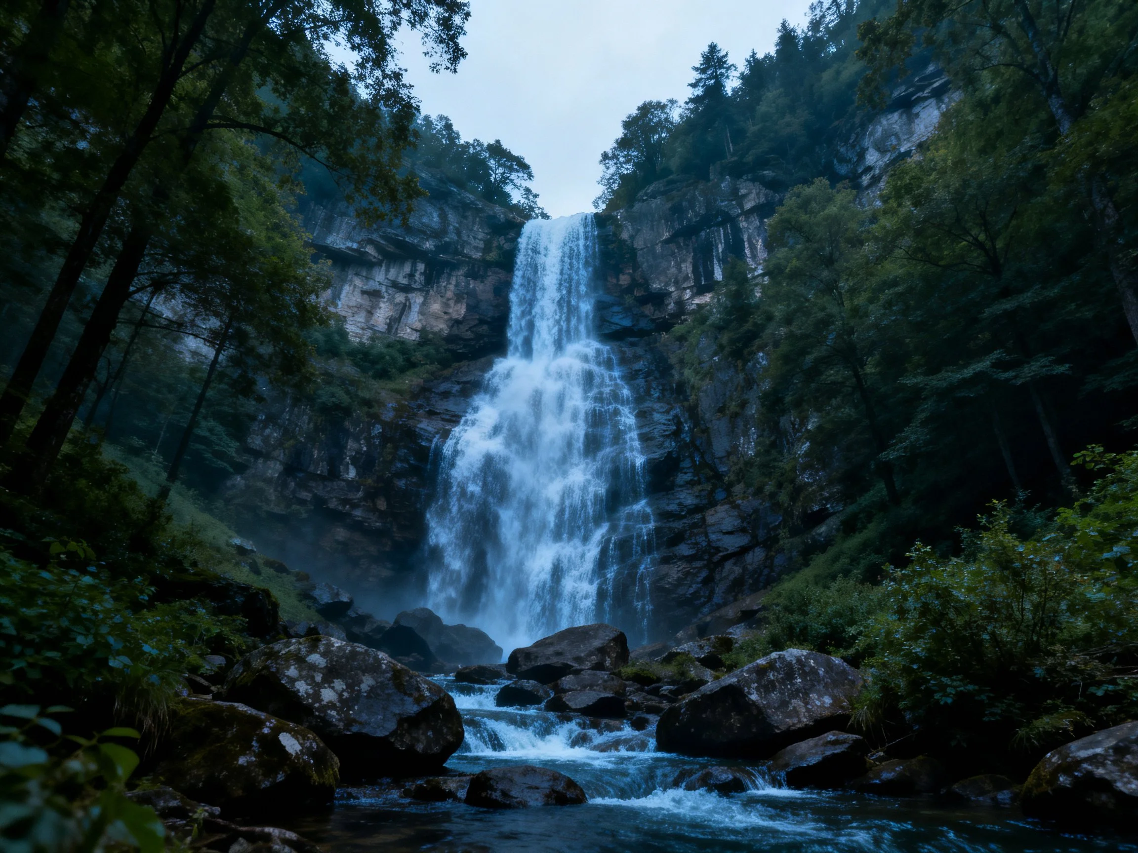 Tall waterfall cascades into rocky stream amid dense green forest