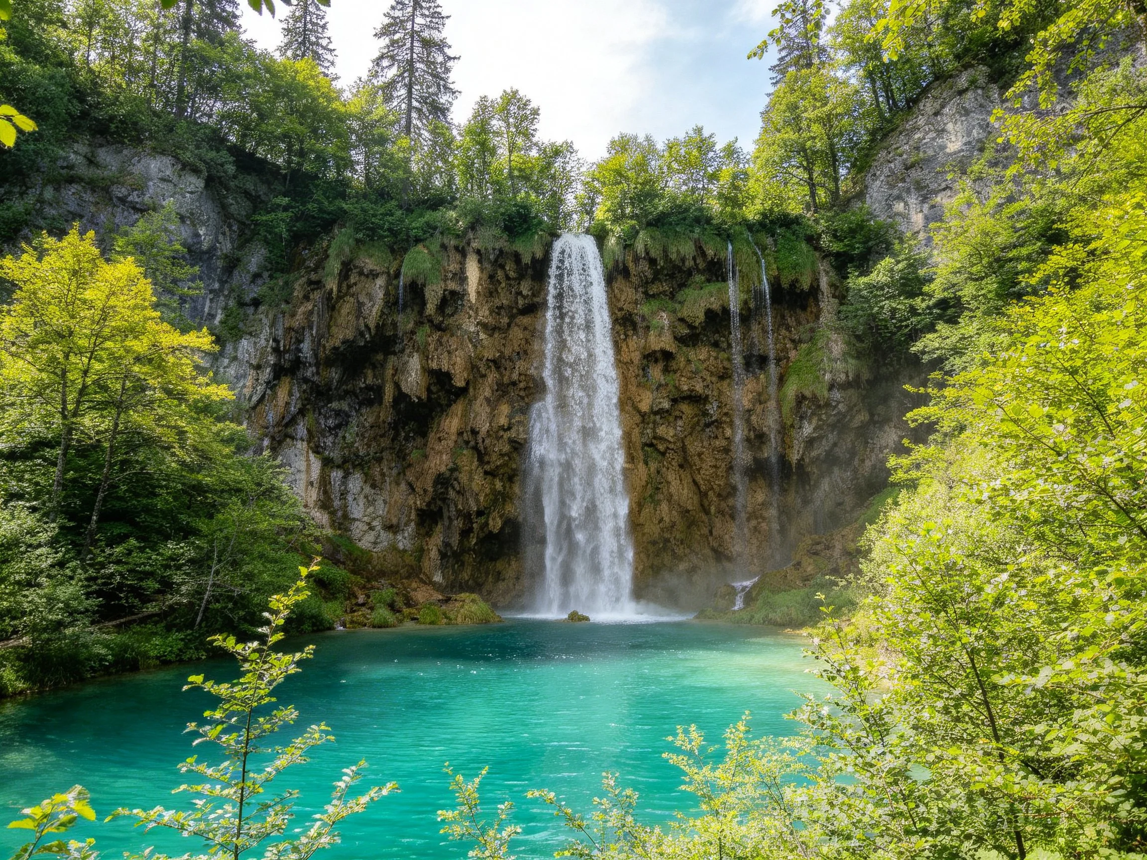 Tall waterfall cascades into vibrant turquoise pool amid dense forest