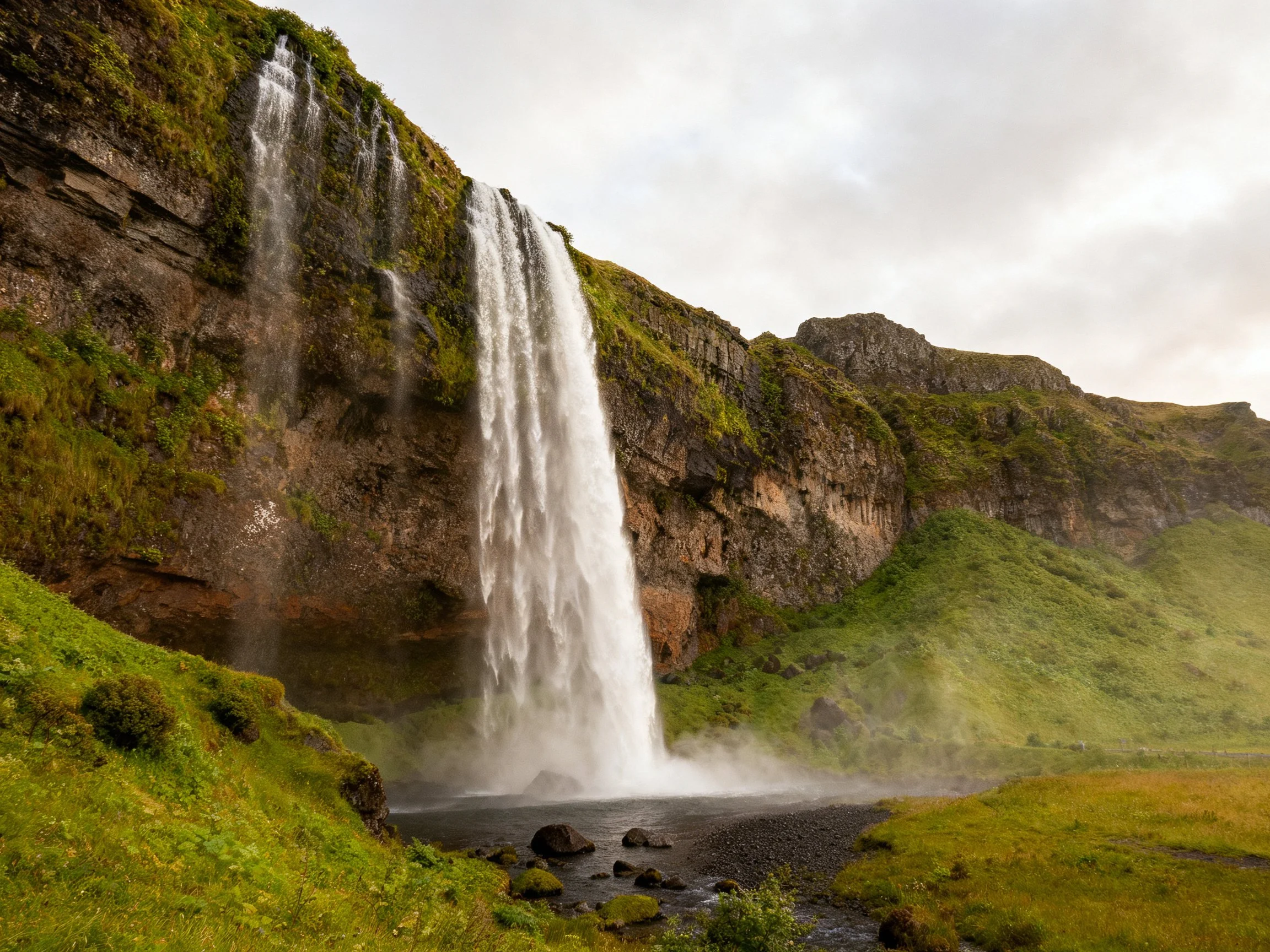Tall waterfall cascades over mossy cliff into misty pool