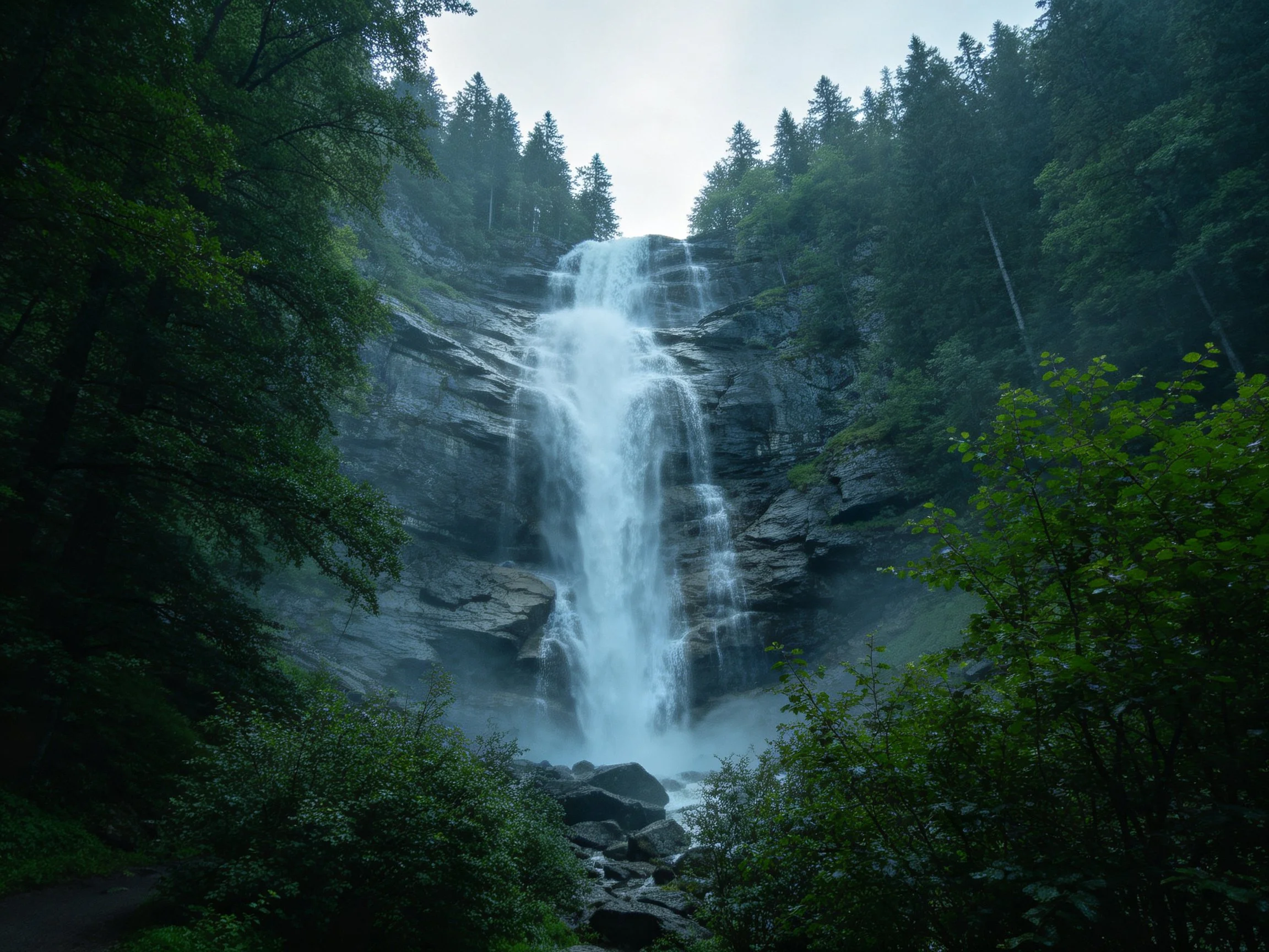 Tall waterfall flows over rocky cliff surrounded by lush green forest