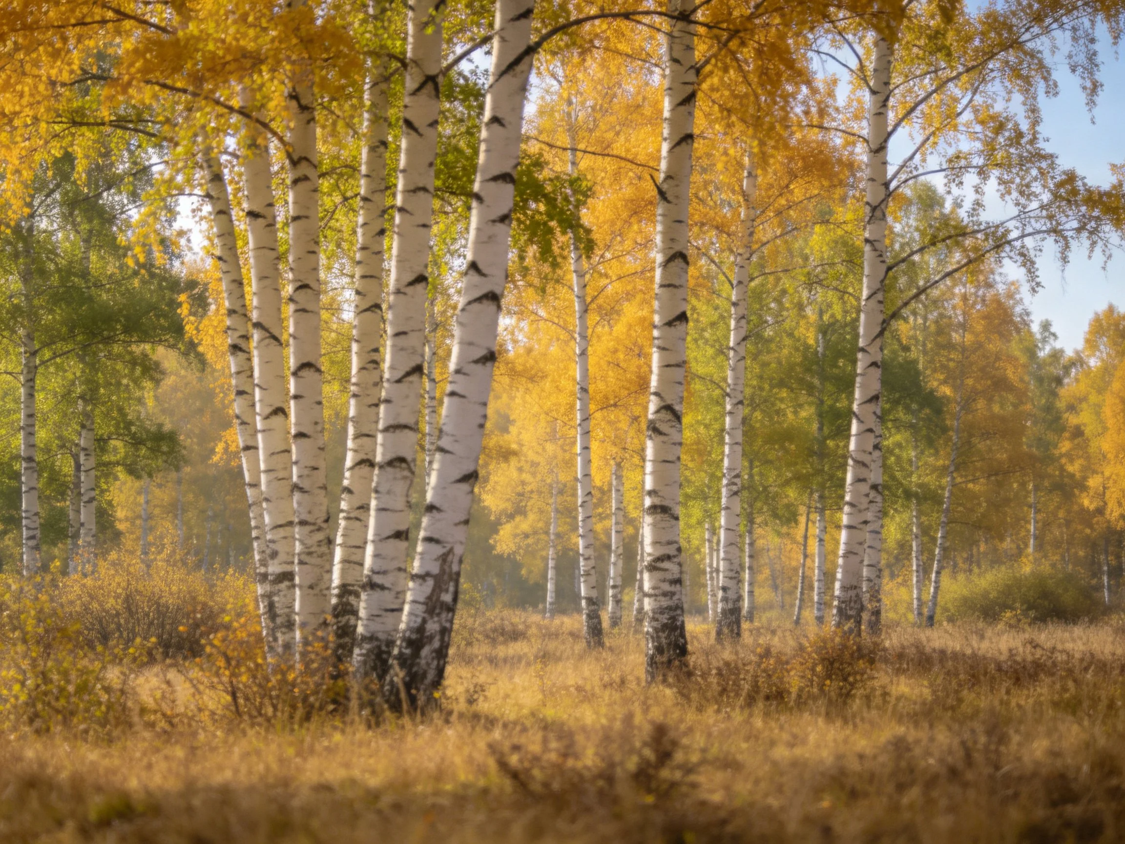 Tall white-barked birches in a golden-green autumn forest