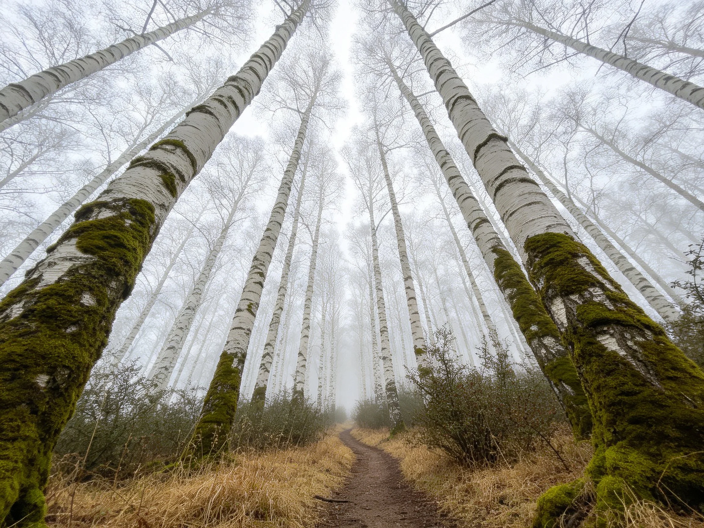 Tall white birch trees with green moss along a foggy forest path