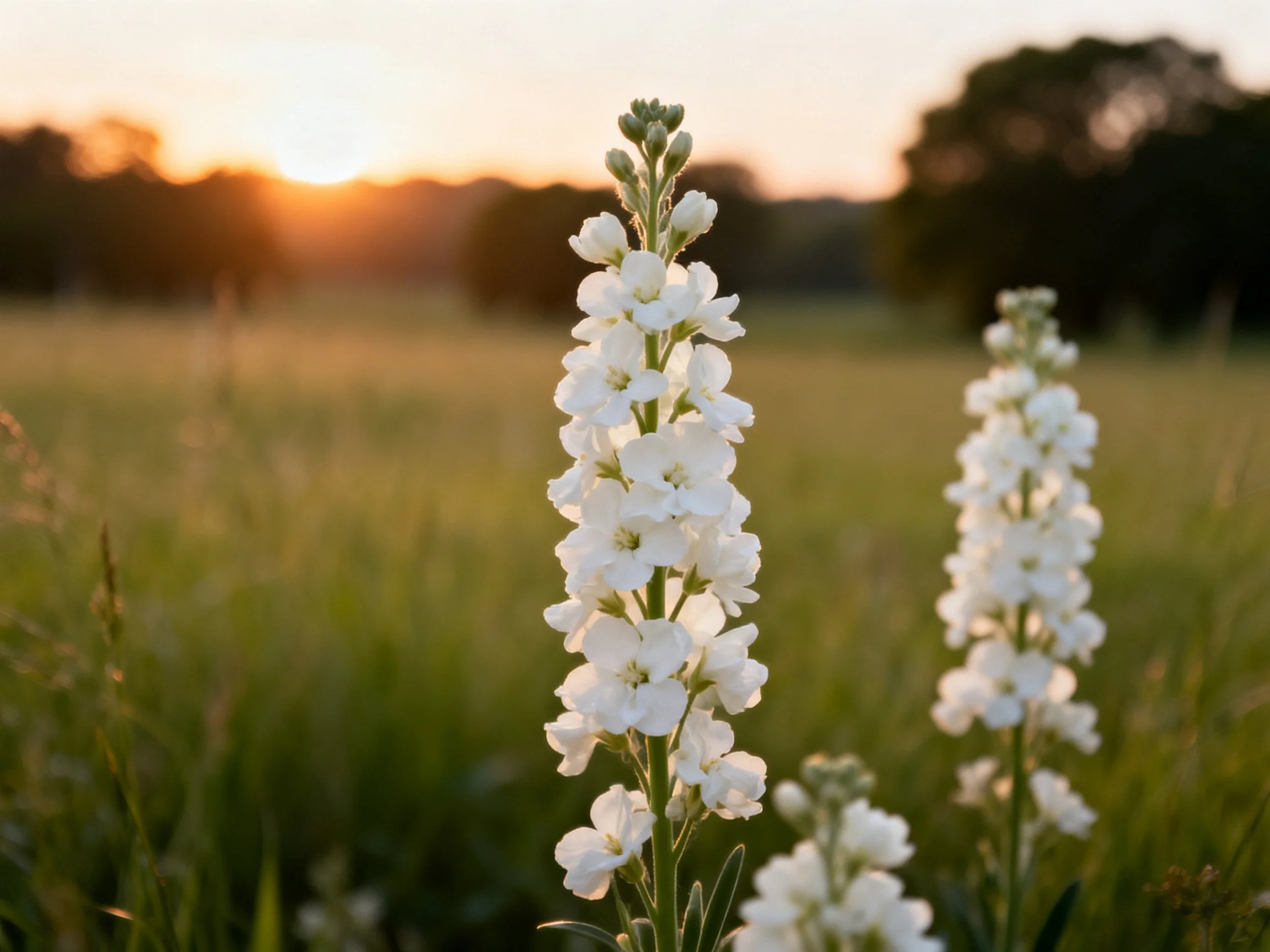 Tall white flowers in a sunlit meadow at sunset