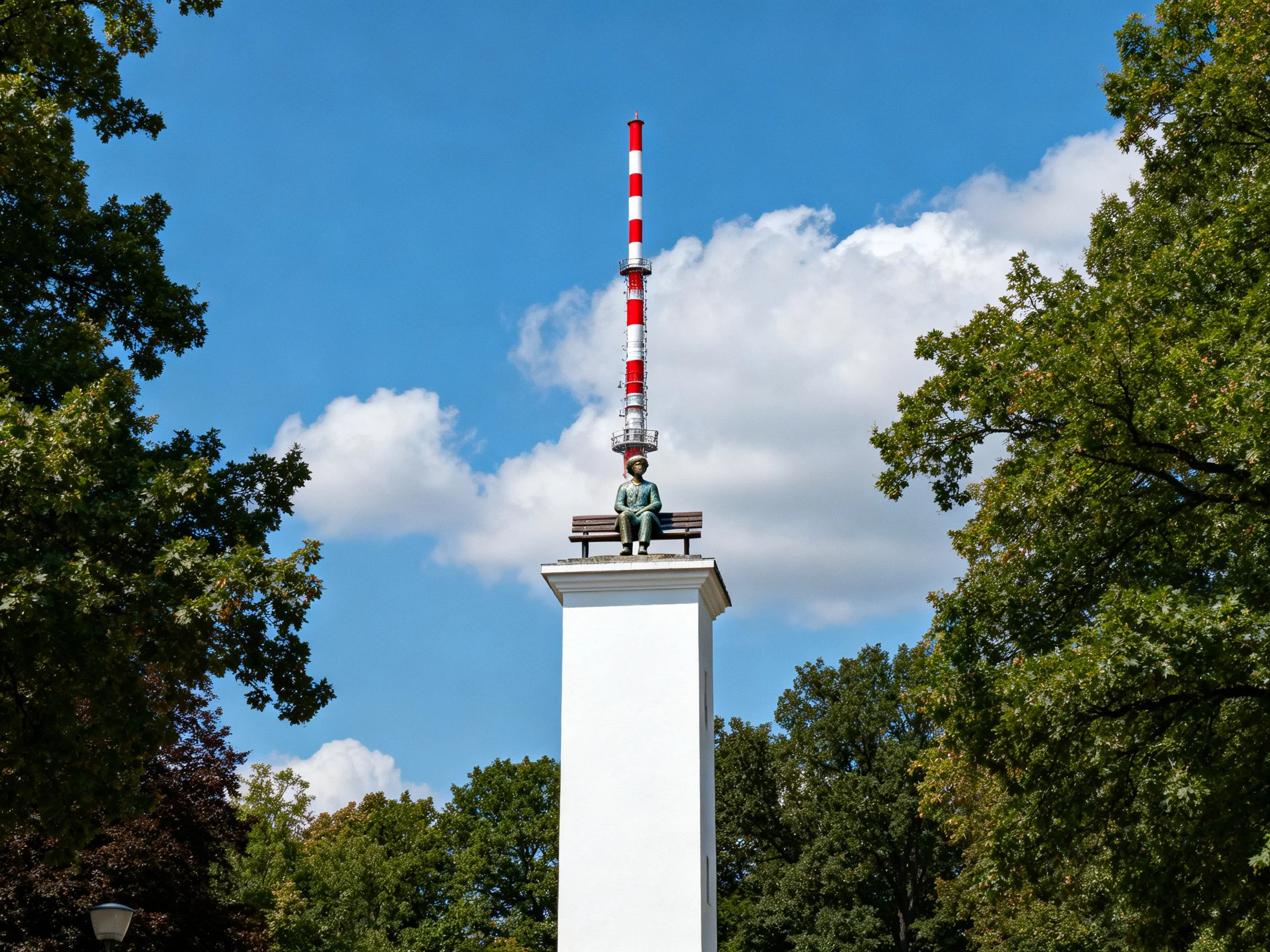 Tall white tower with statue, red-white antenna, surrounded by trees