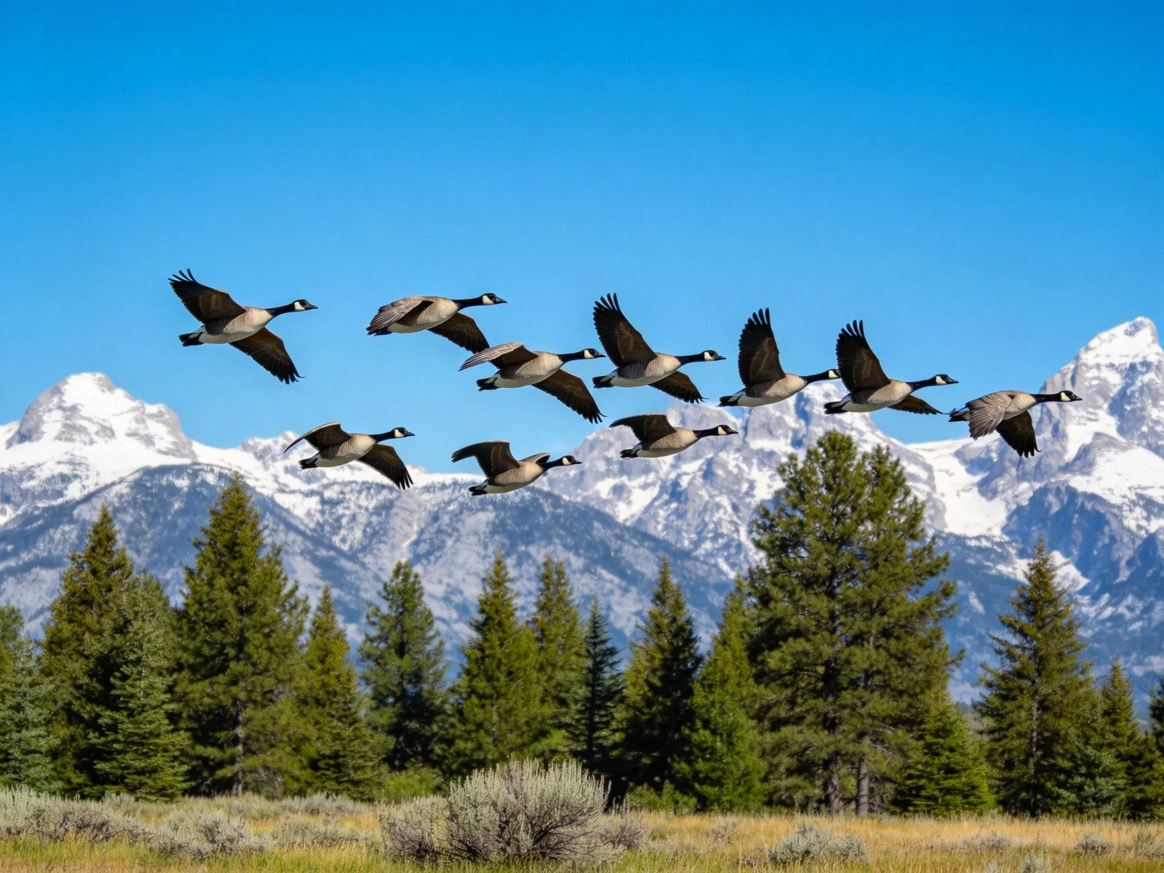 Ten geese soar over pine forest beside snow-capped mountains