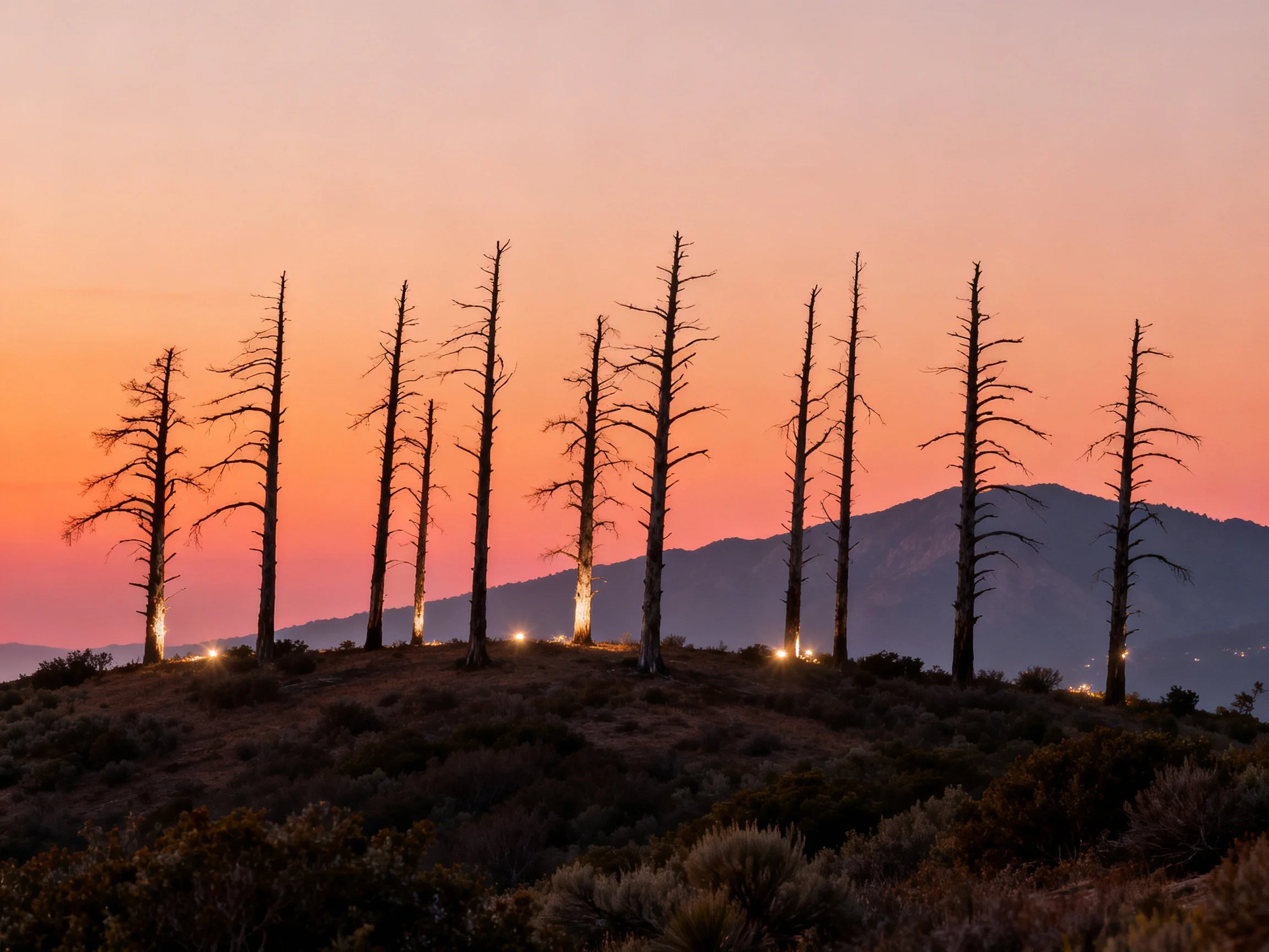 Ten leafless trees silhouetted against a vibrant sunset sky with distant mountains