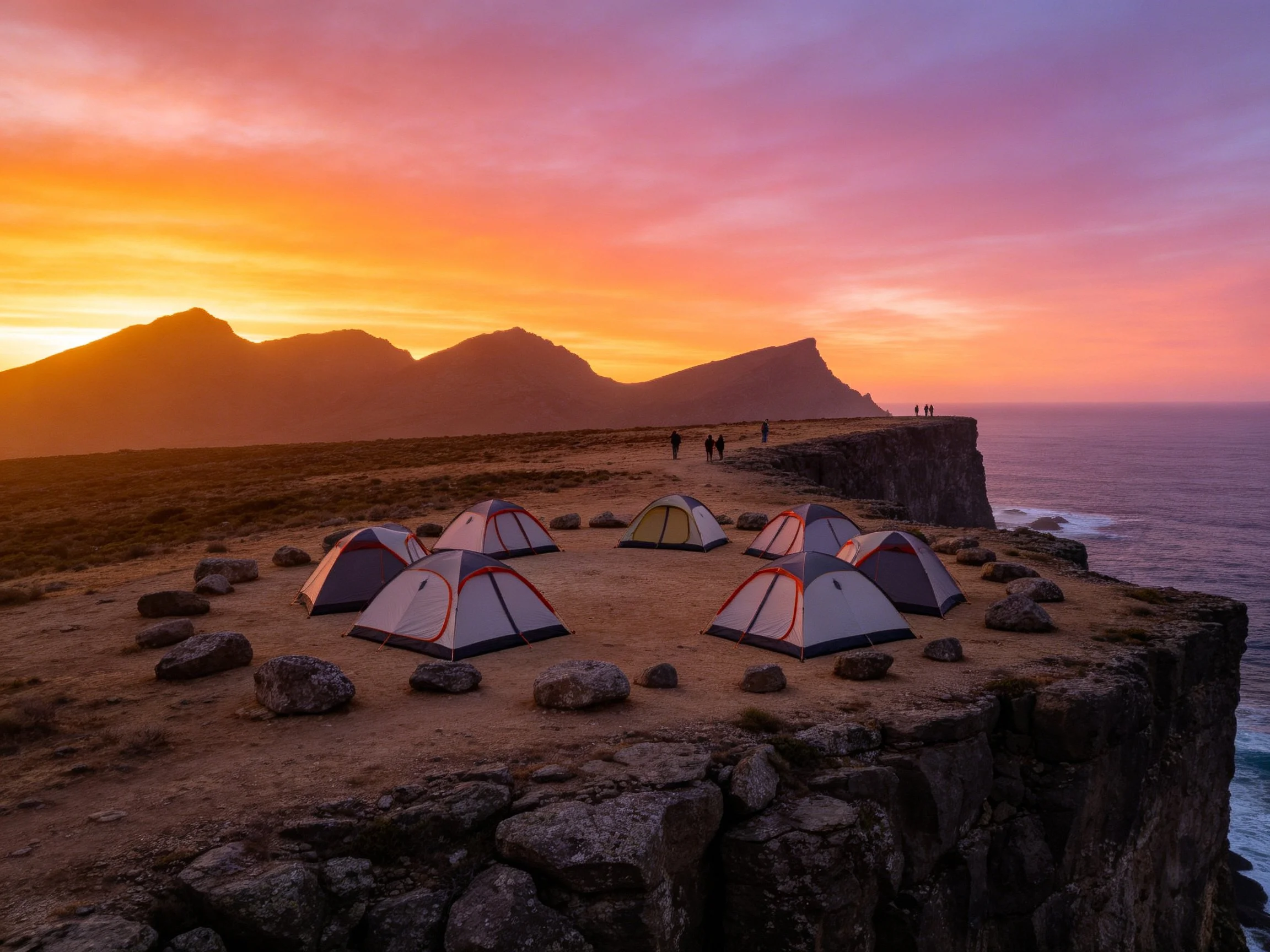 Tents arranged in a circle on a rocky cliffside at sunset