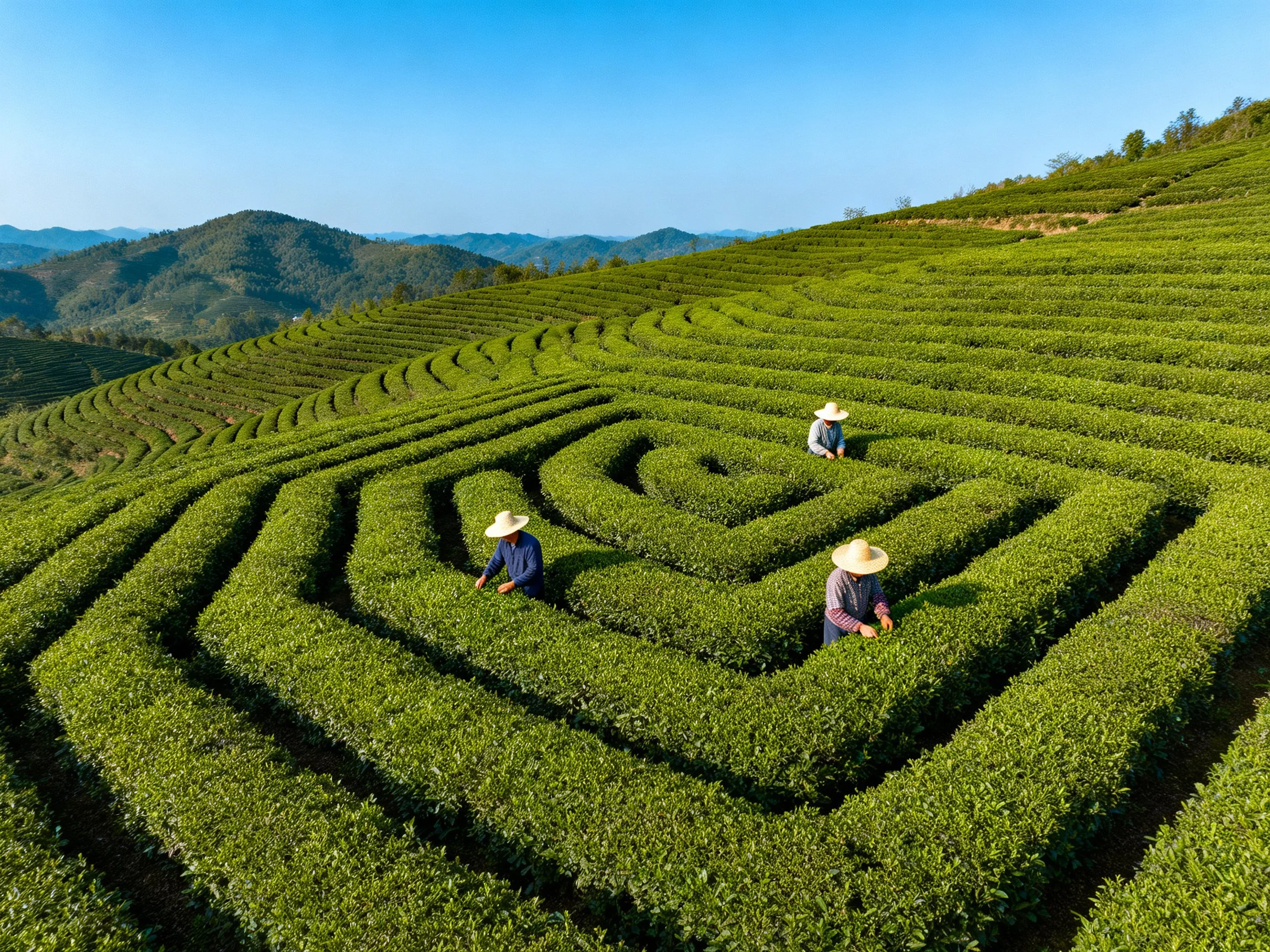 Terraced Green Tea Fields with Harvesting Workers