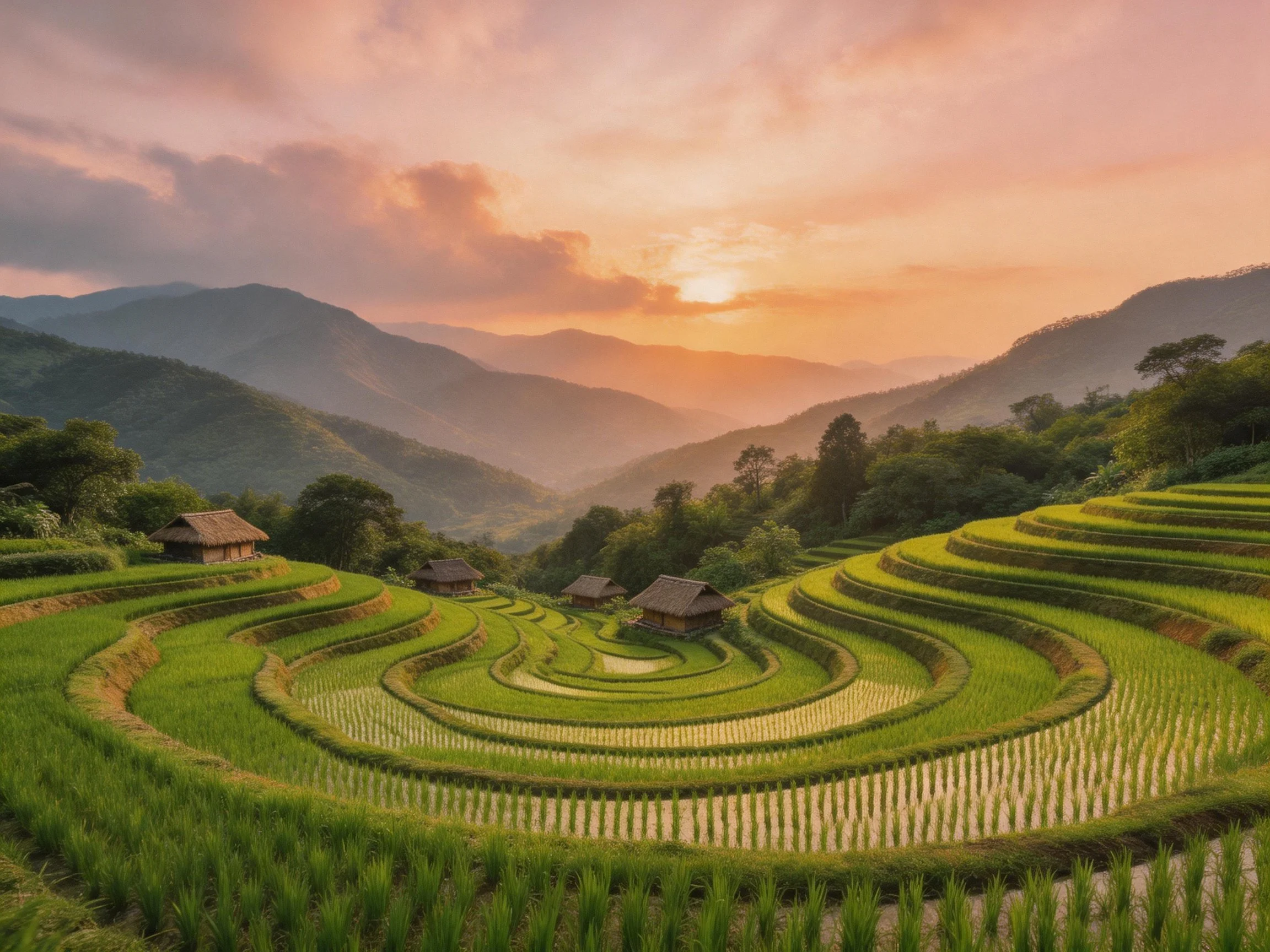 Terraced Rice Fields at Sunset Among Mountains