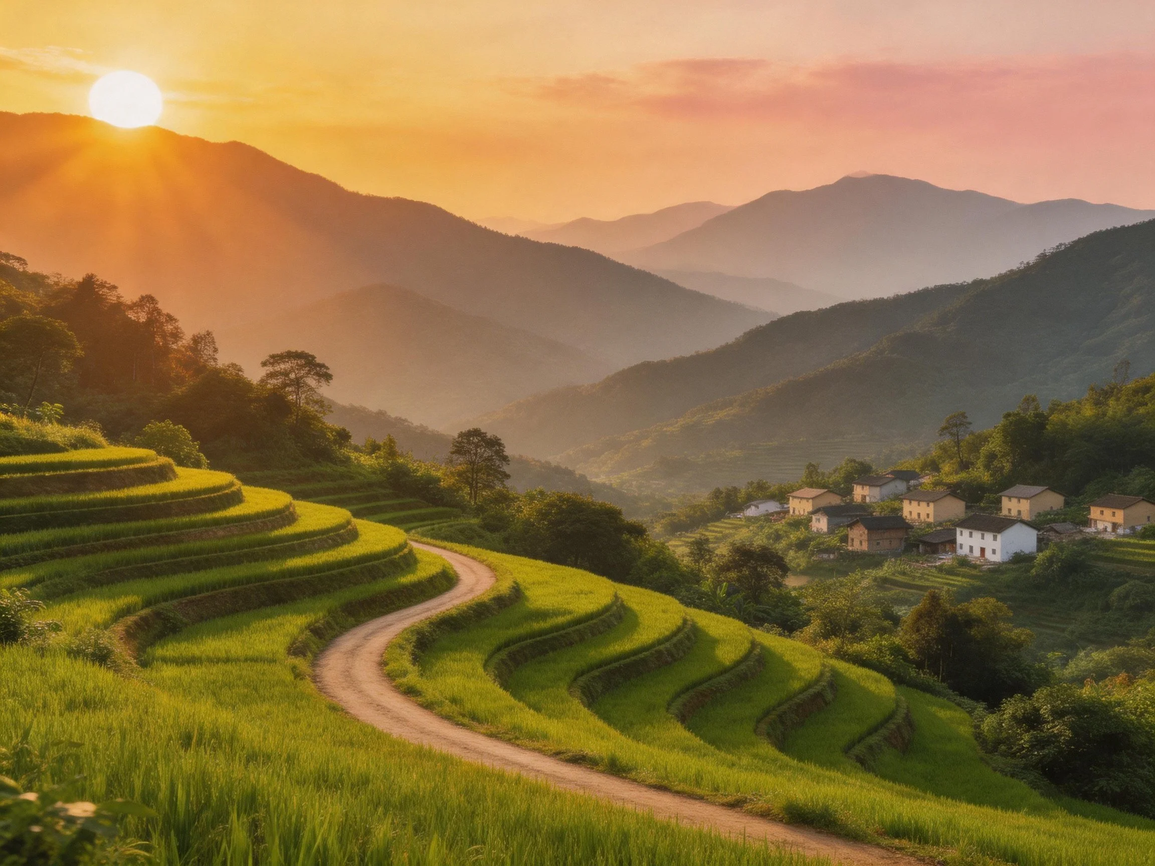 Terraced rice fields at golden sunset with mountainous backdrop
