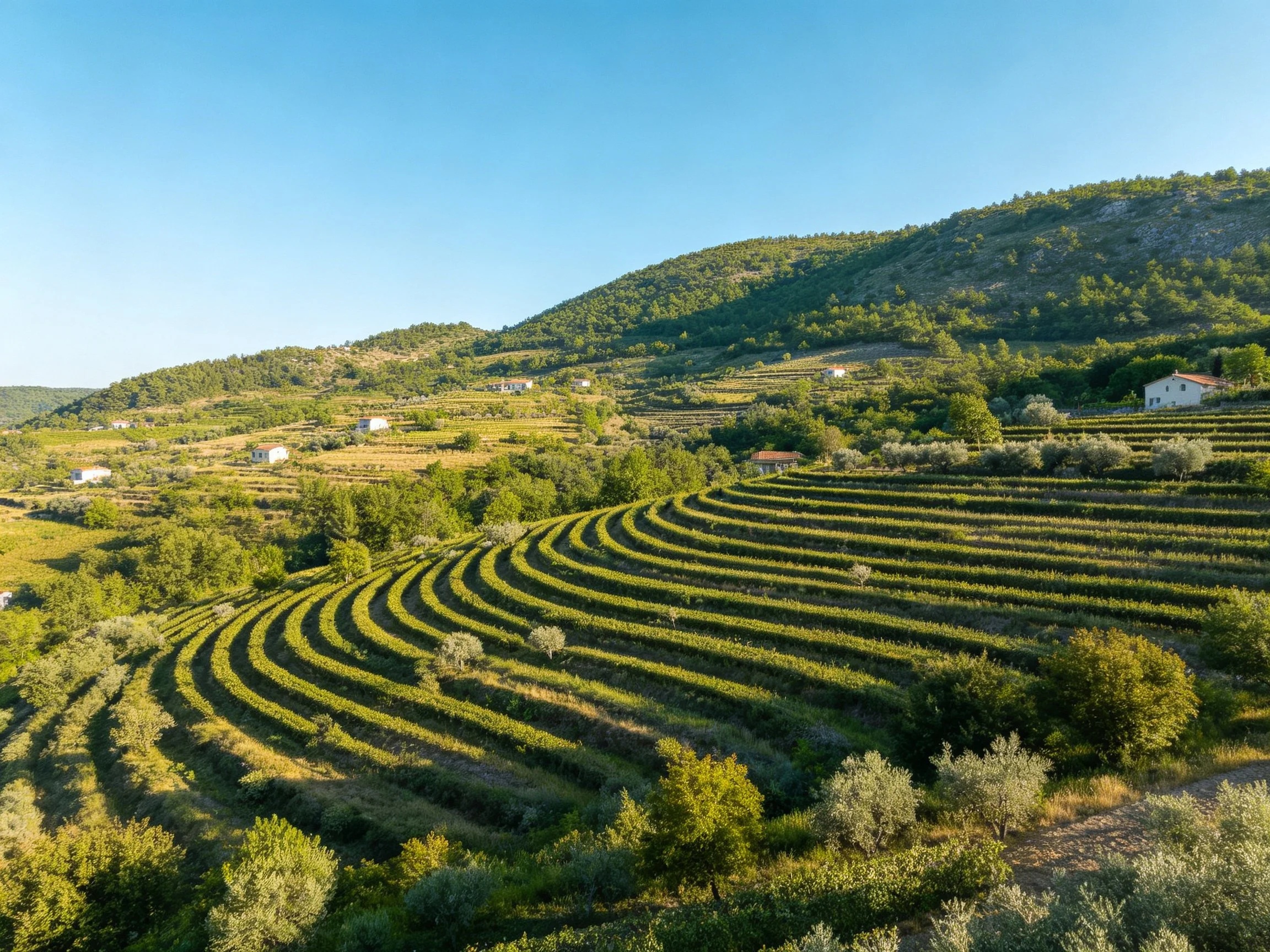 Terraced vineyards cover rolling green hills with scattered homes