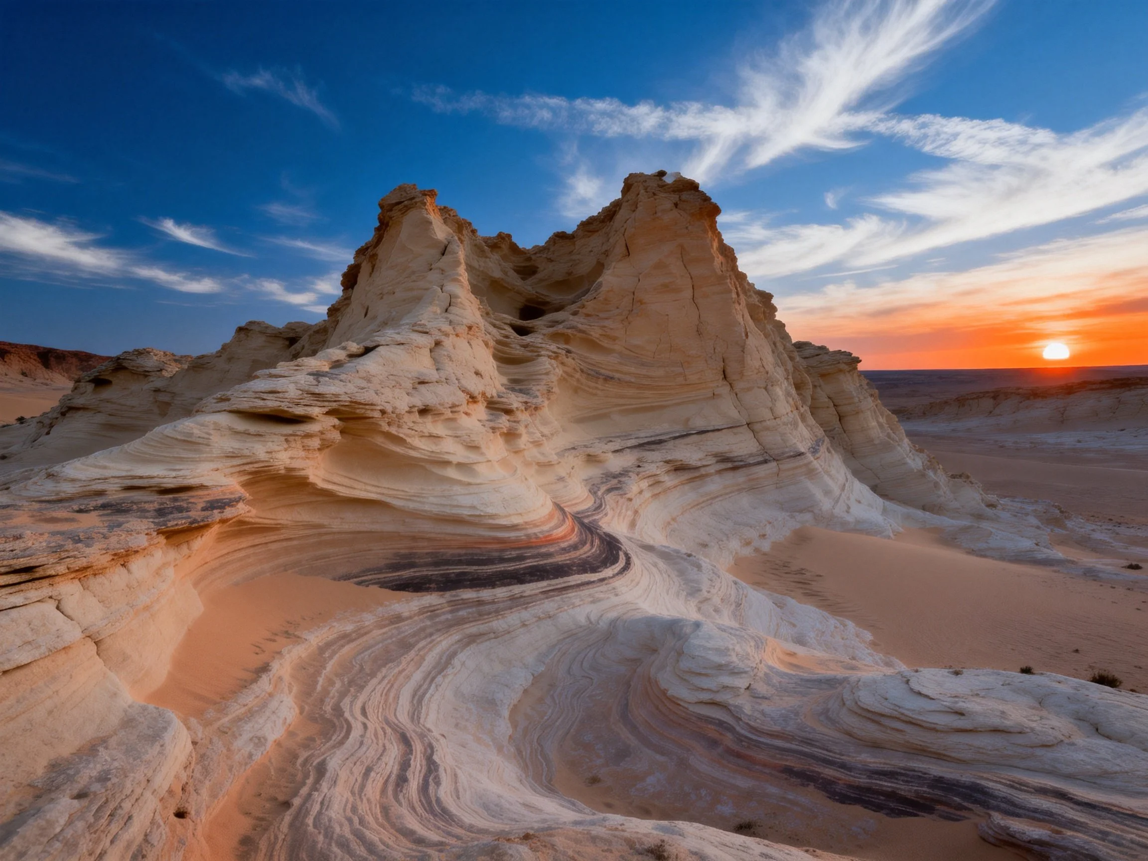 Textured sandstone cliffs in desert with colorful sunset backdrop