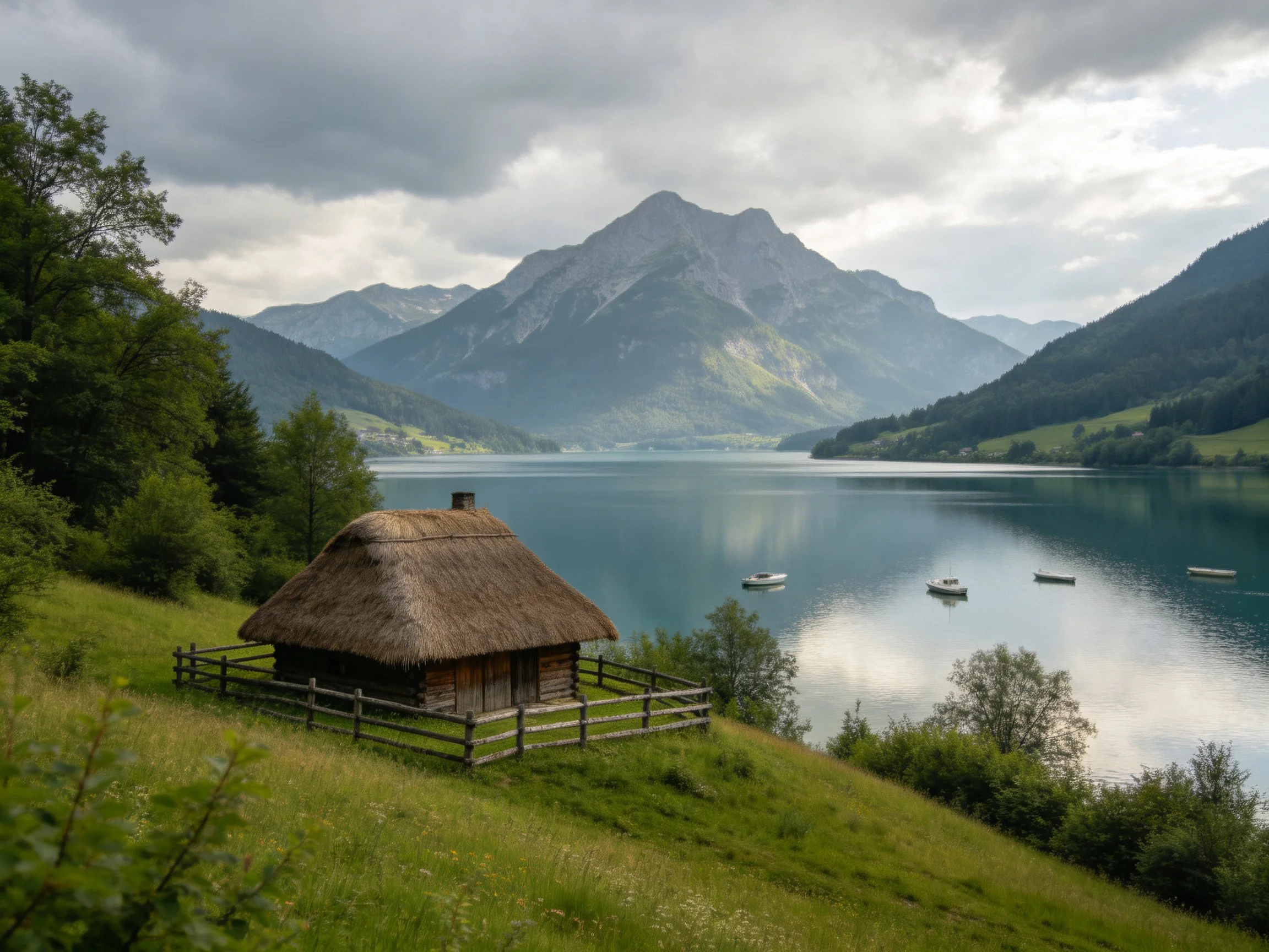 Thatched Cabin by Calm Lake with Grand Mountains