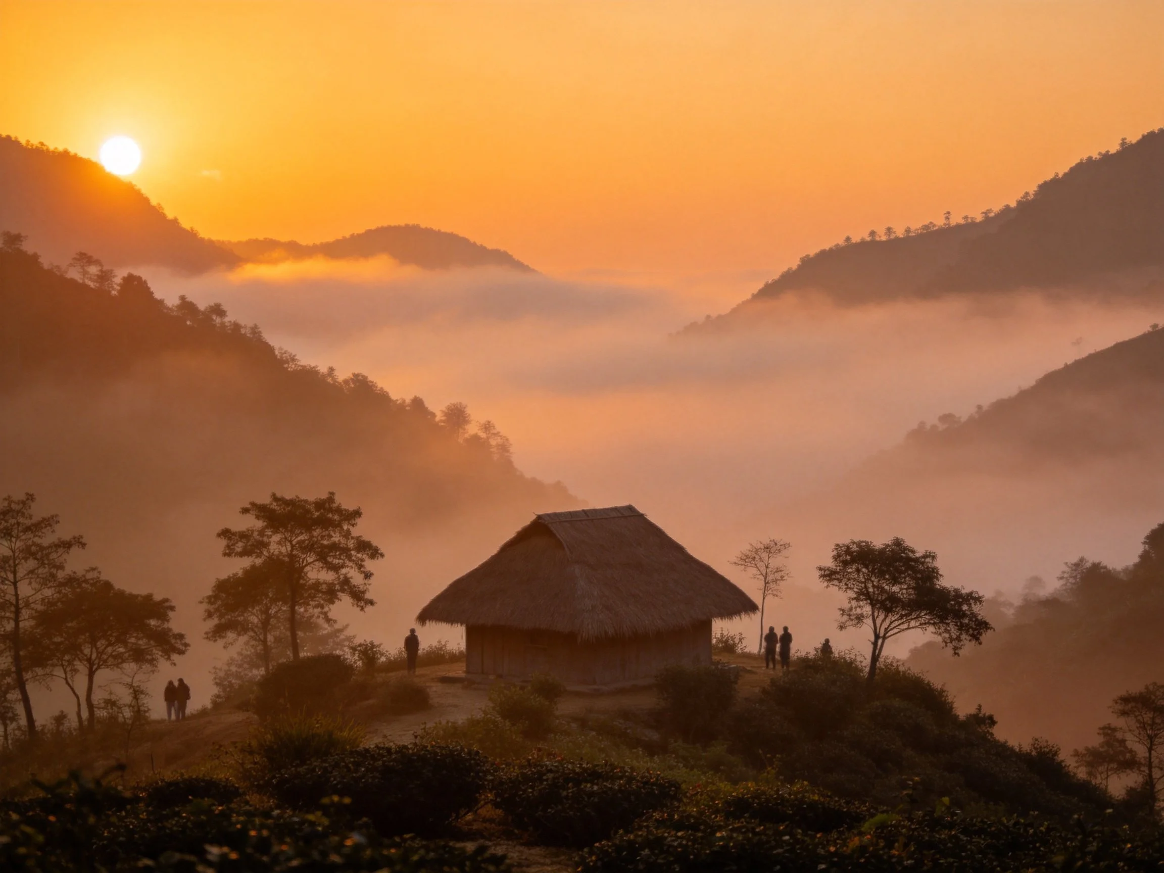 Thatched Hut Surrounded by Mountain Mist at Sunrise