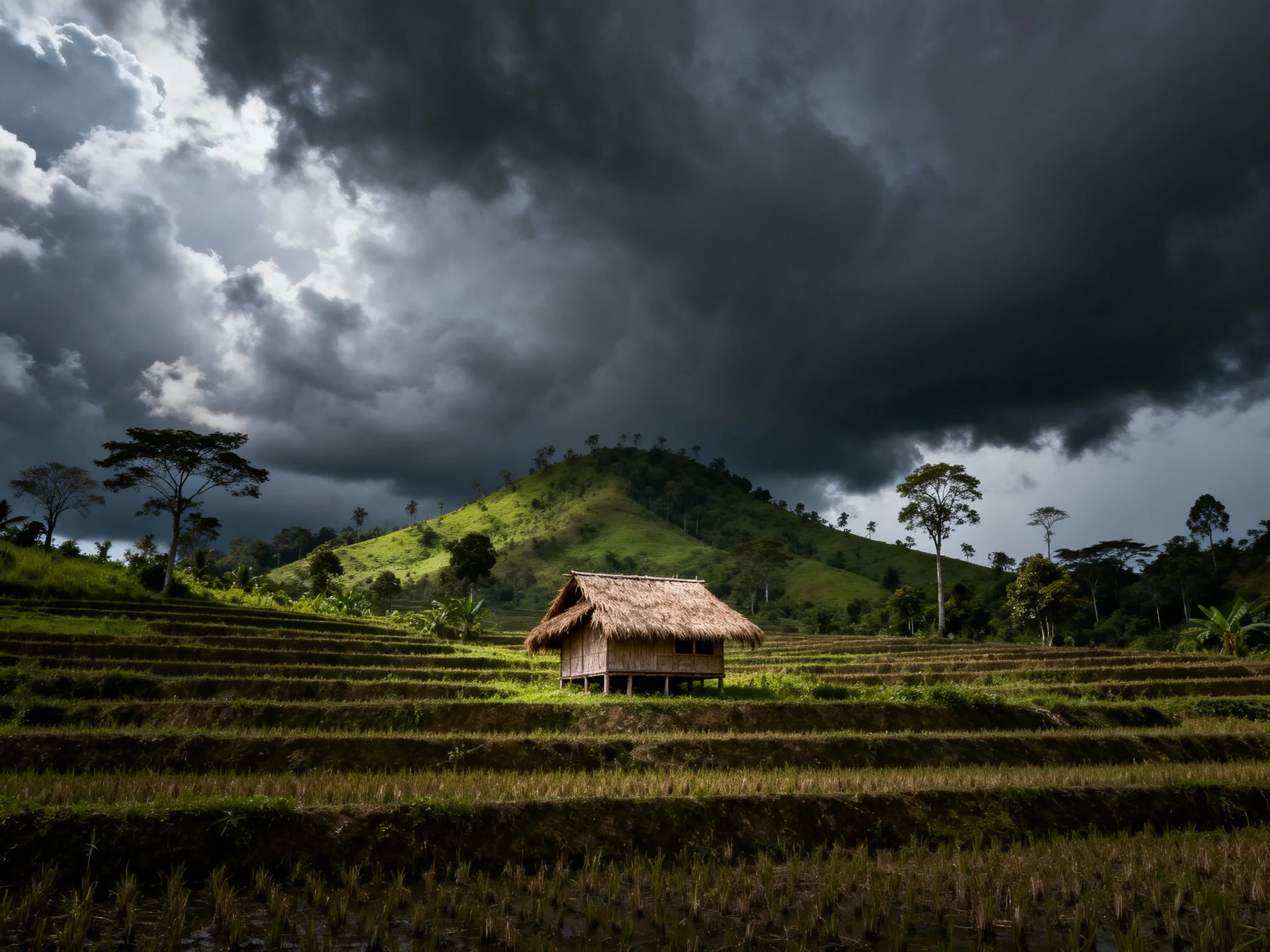 Thatched hut in terraced fields under stormy skies