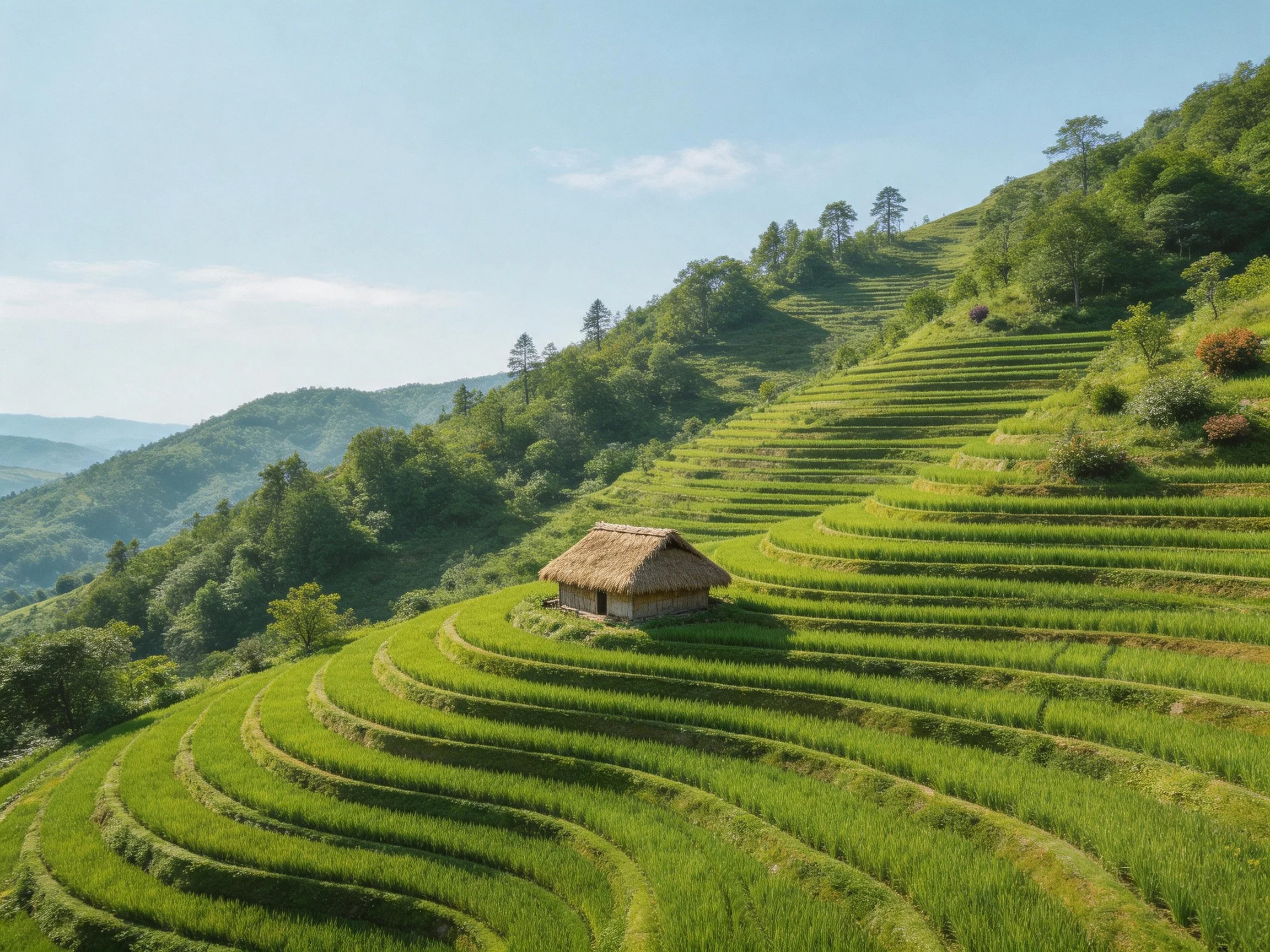 Thatched hut nestled in vibrant green terraced rice fields