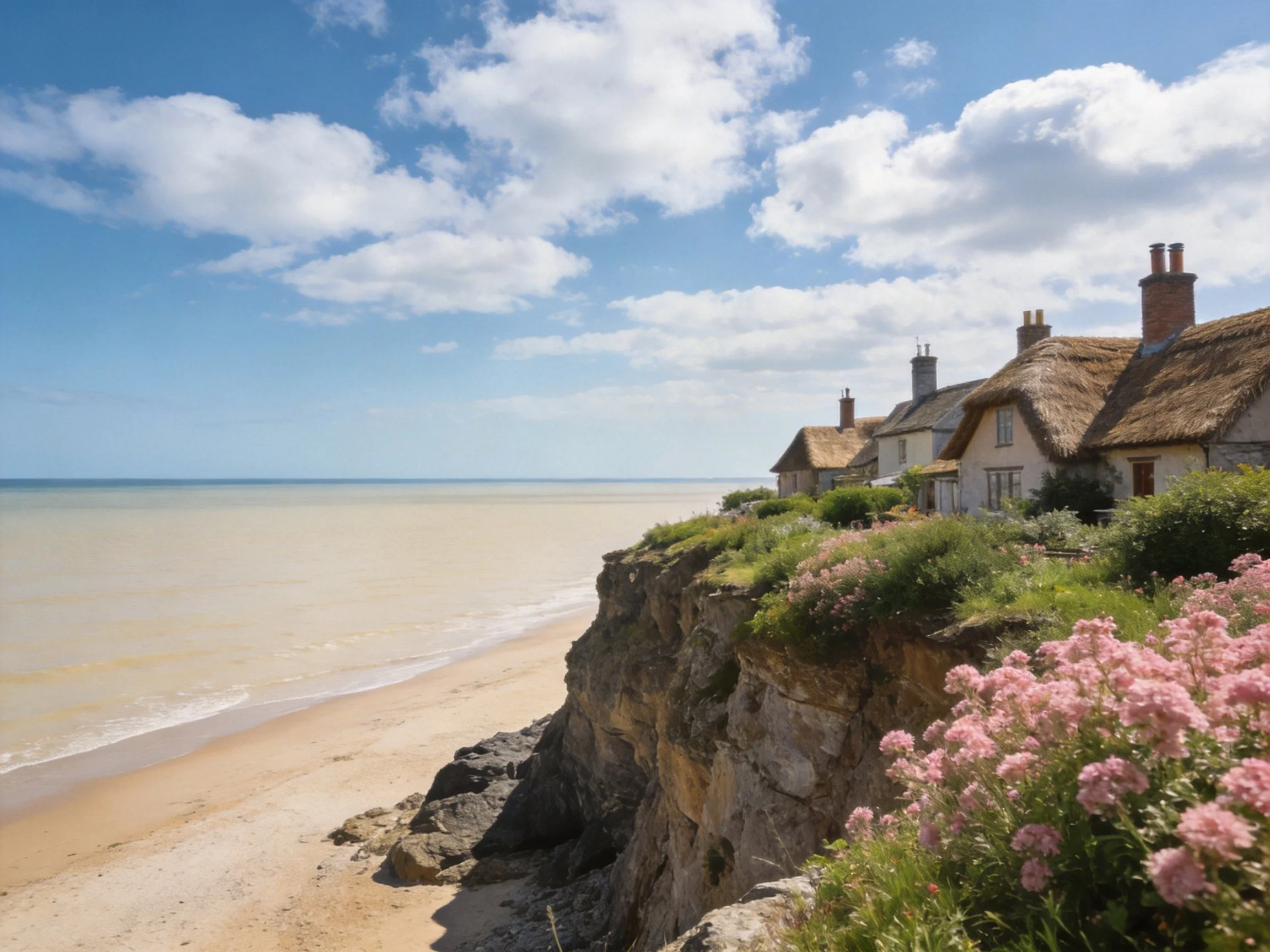 Thatched-roof cottages near a sandy cliffside beach