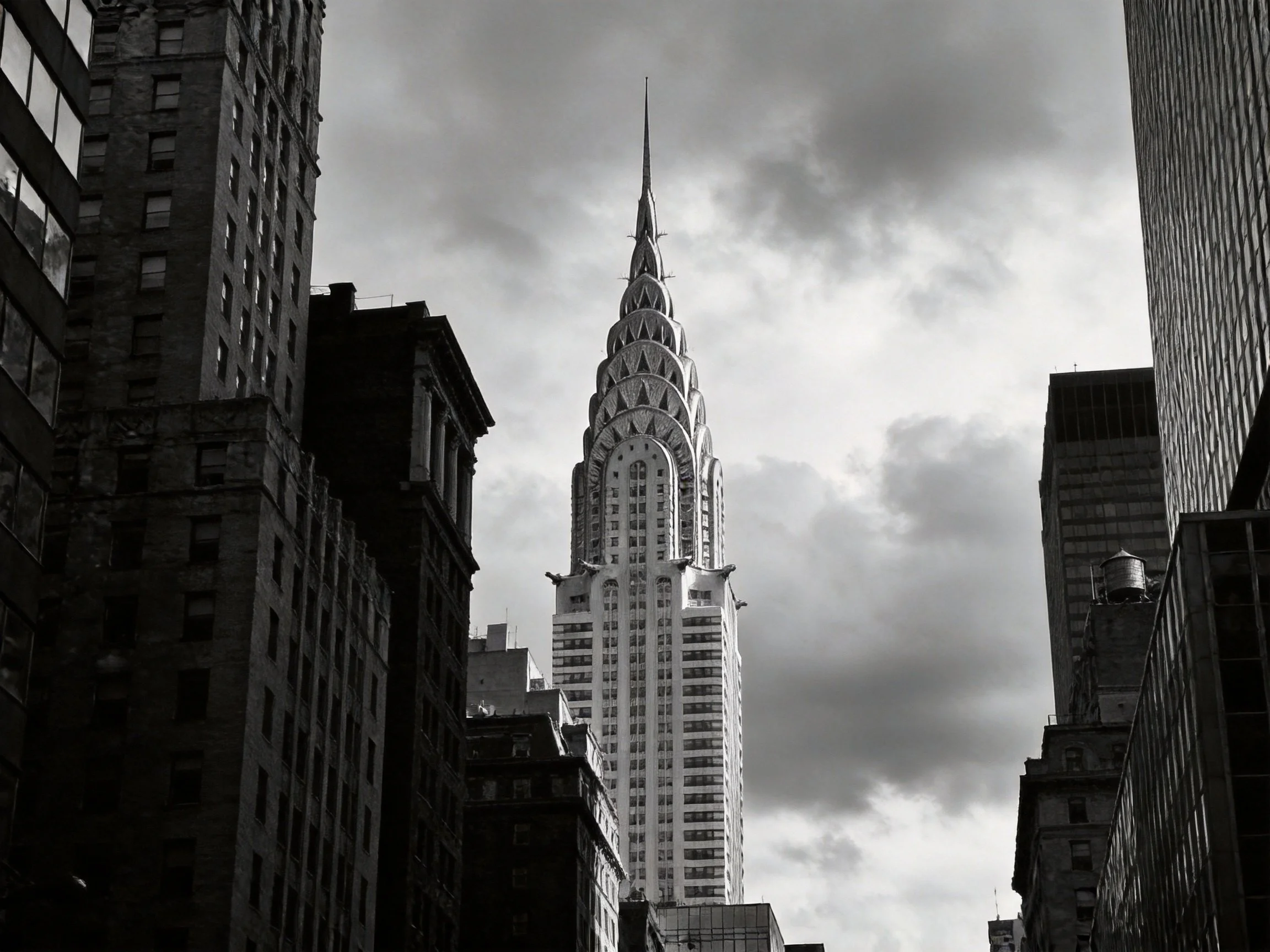 The Chrysler Building towers among dark skyscrapers under dramatic cloudy skies