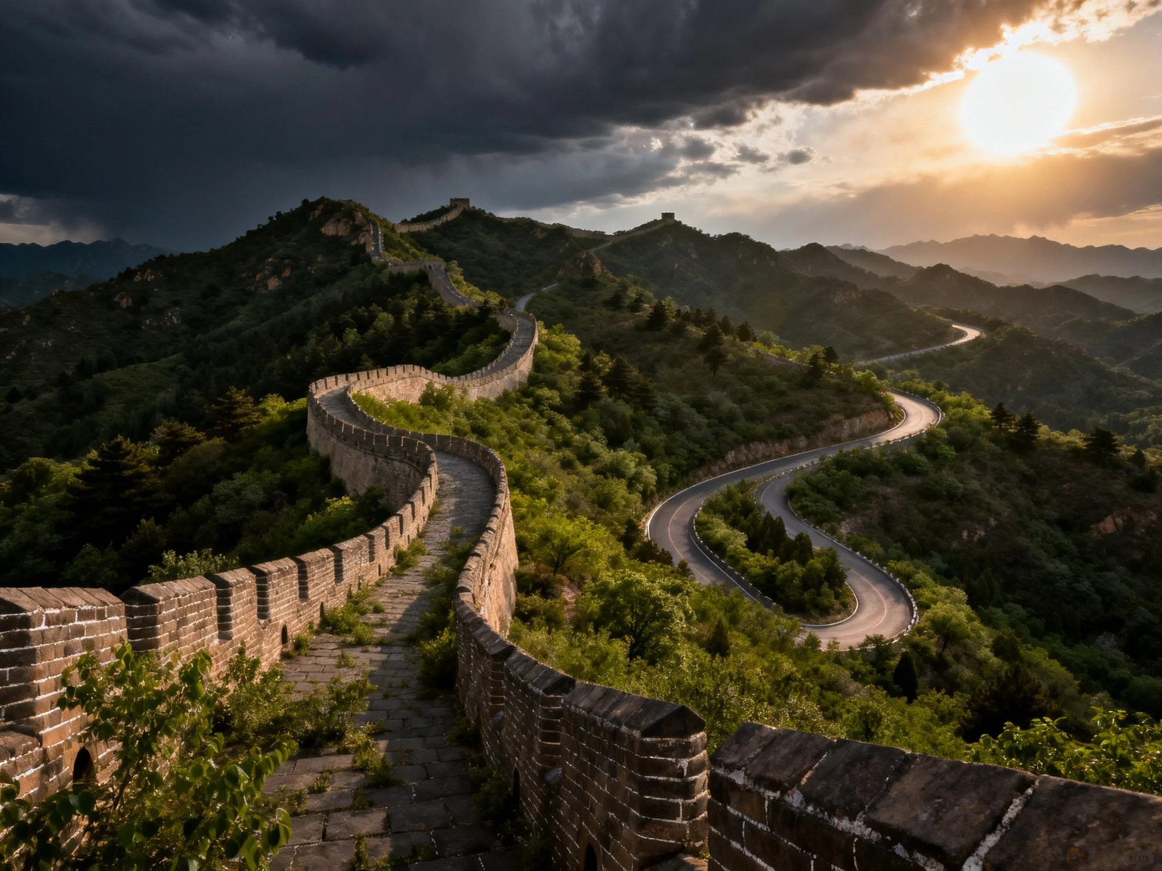 The Great Wall winds through lush mountains under dramatic sunset skies.