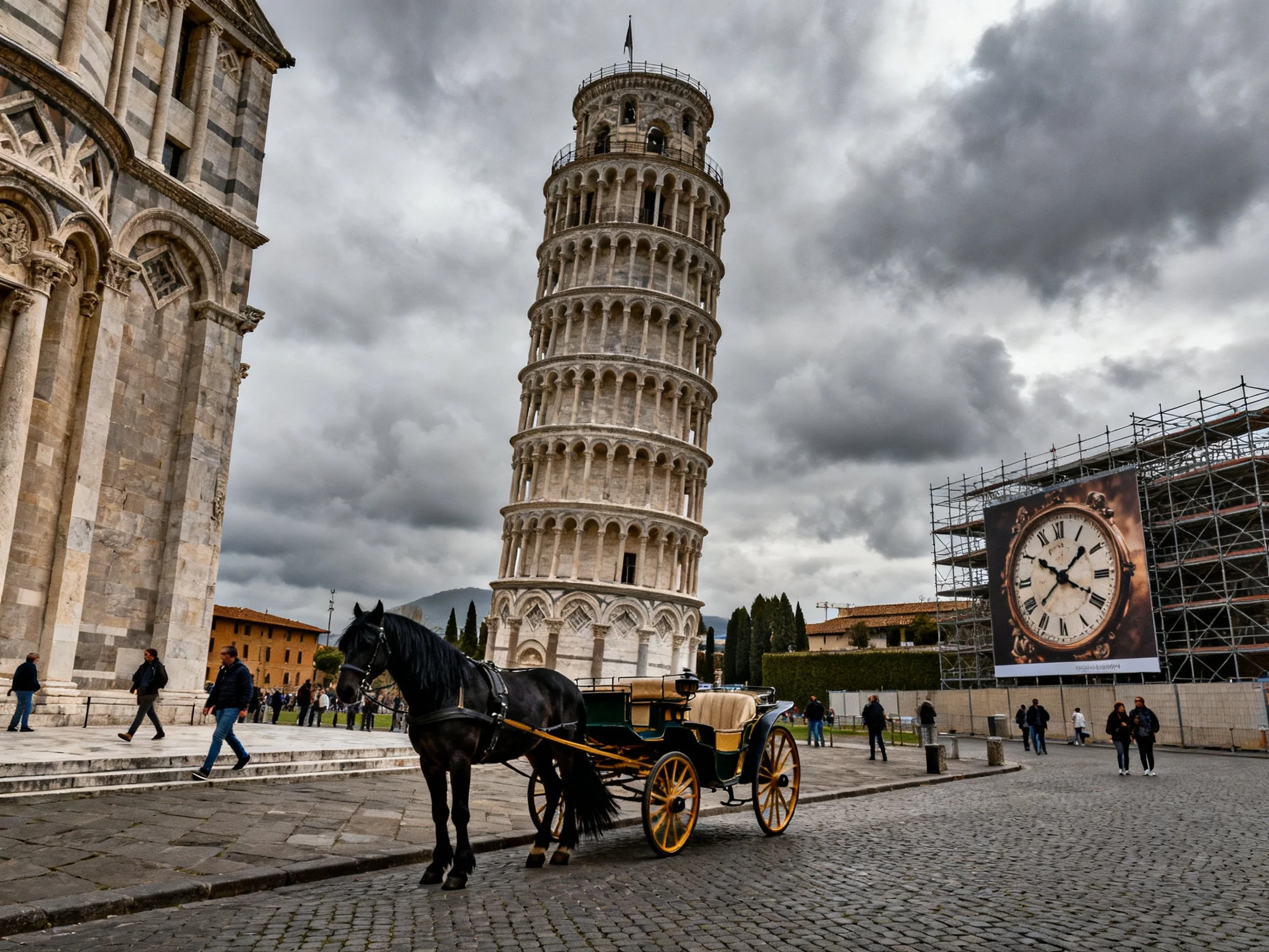 The Leaning Tower of Pisa with Horse-Drawn Carriage Under Stormy Sky