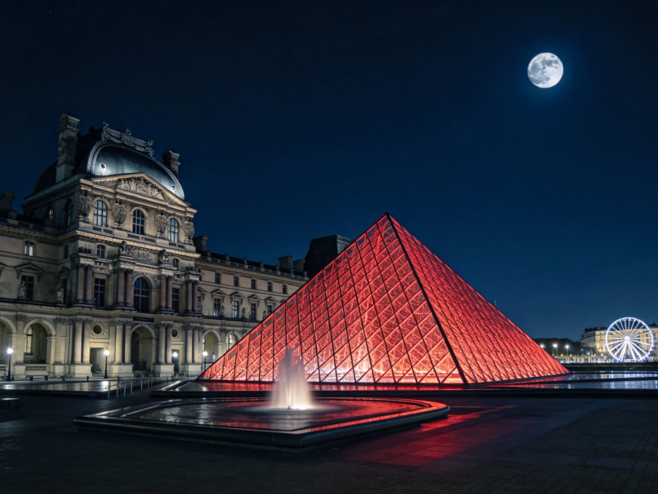 The Louvre Pyramid glowing red beside historic museum