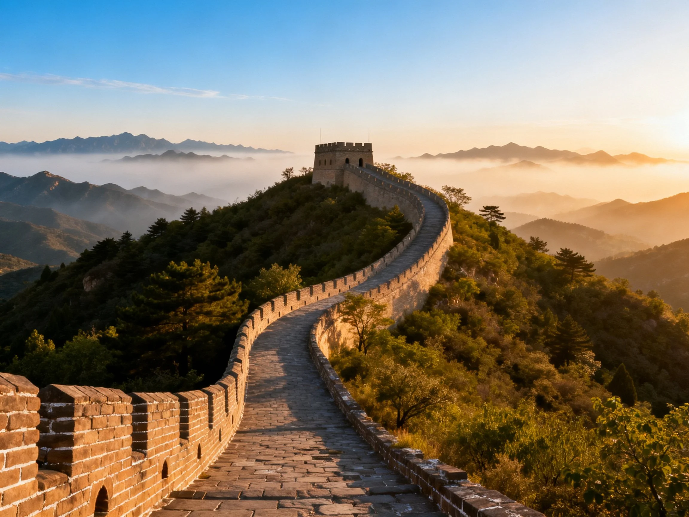 The ancient brick Great Wall winds along a mountain ridge at golden hour