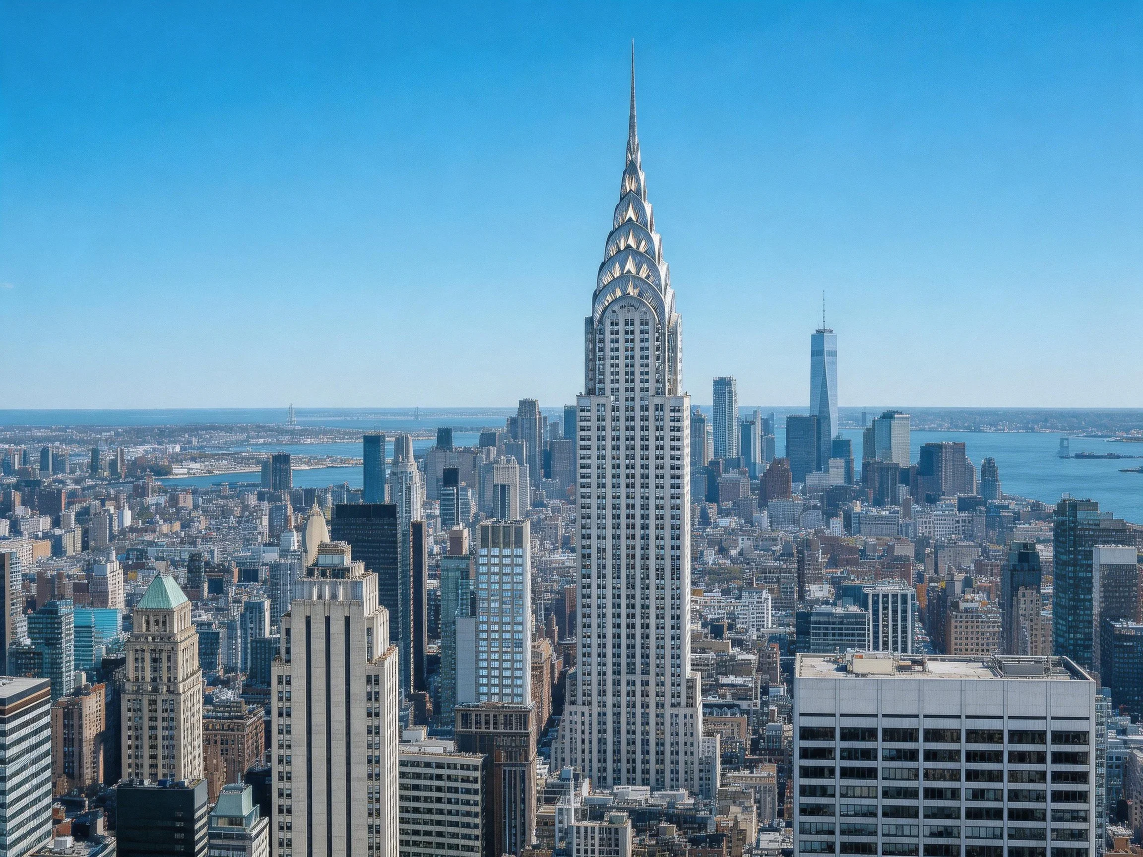 The iconic Chrysler Building towers over Manhattans diverse skyscraper landscape