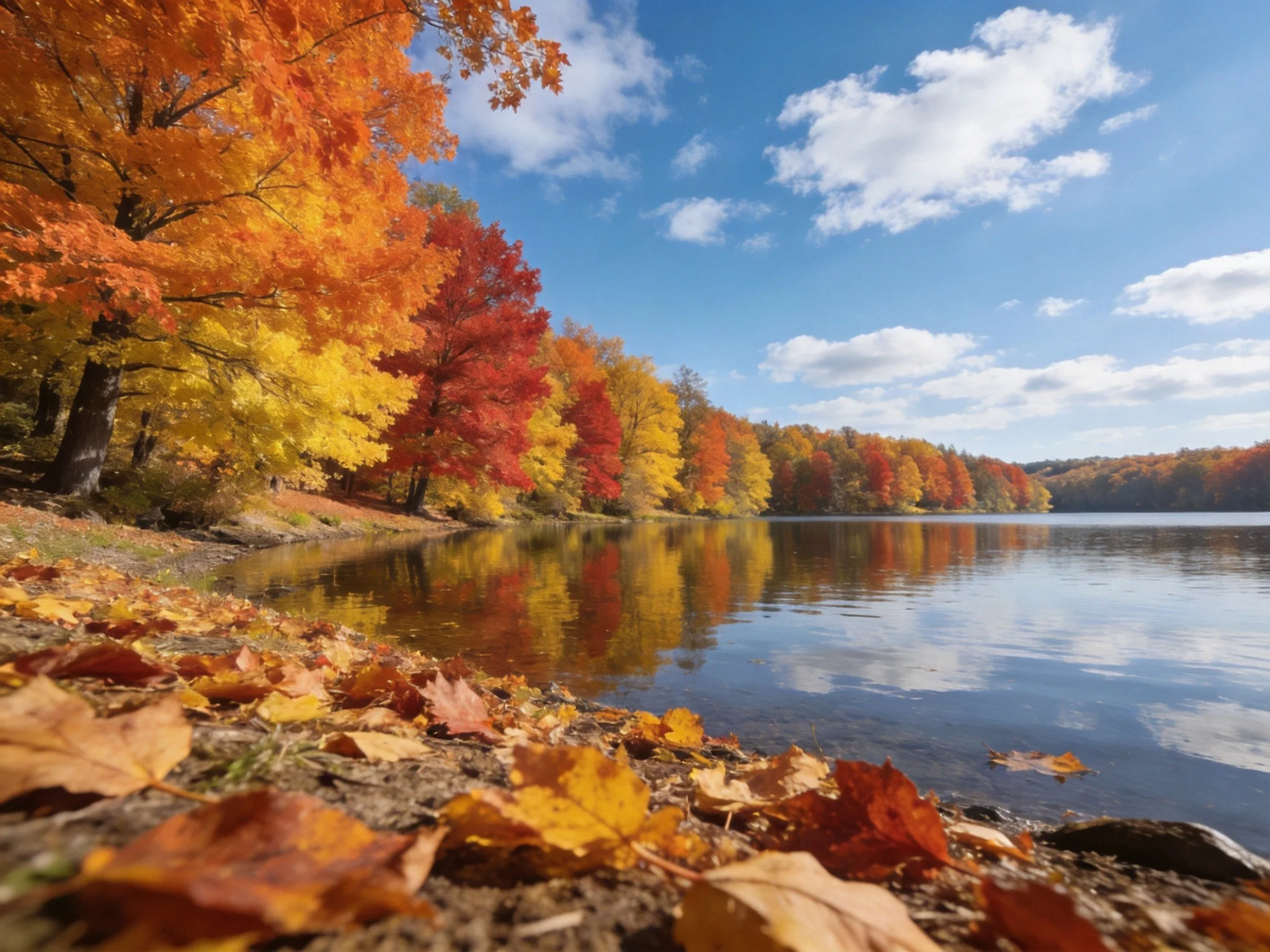 The image depicts a serene autumn lakeside scene with vibrant orange, yellow, and red foliage