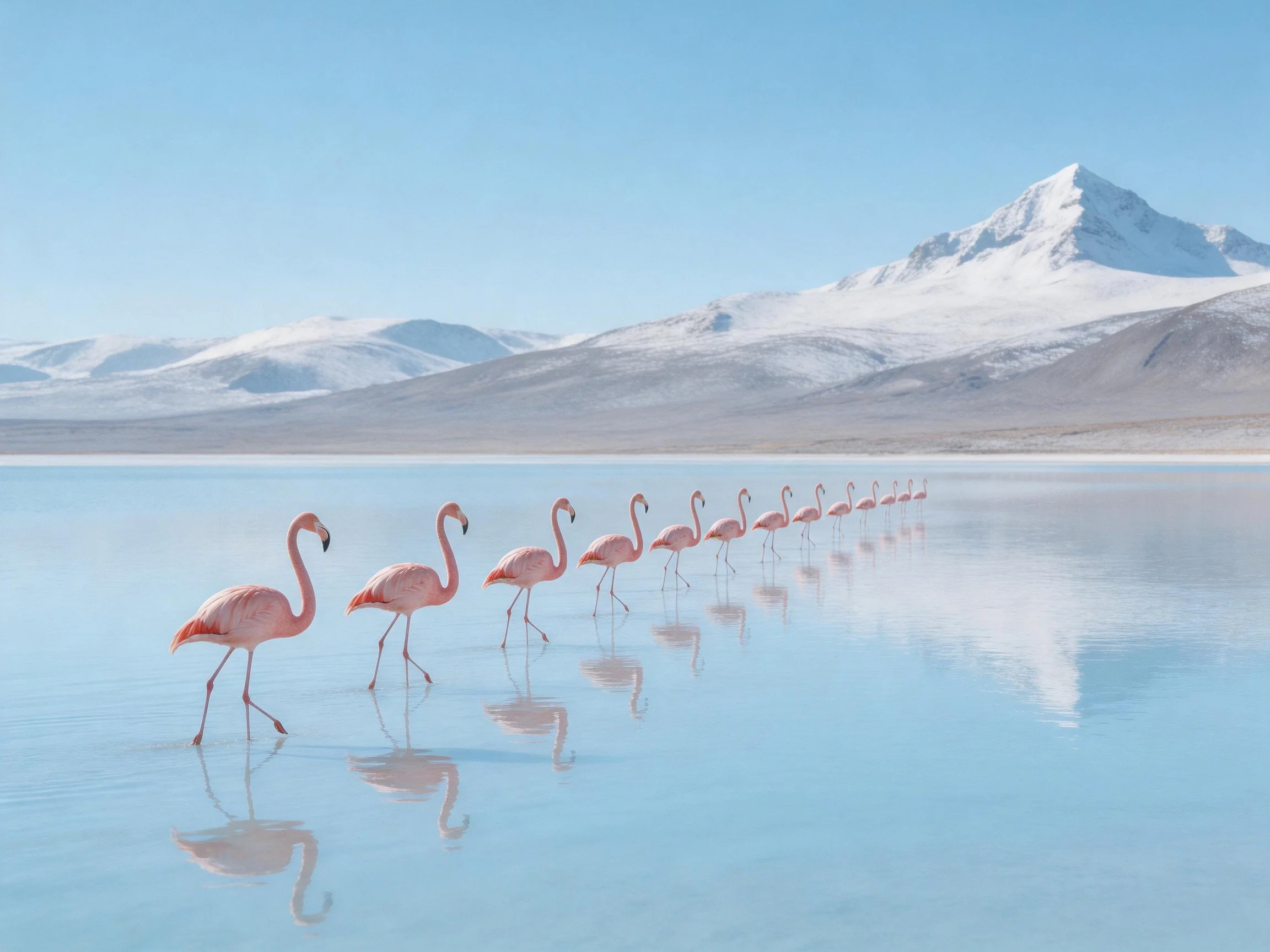 The image depicts a serene landscape where ten pink flamingos stride in a single file