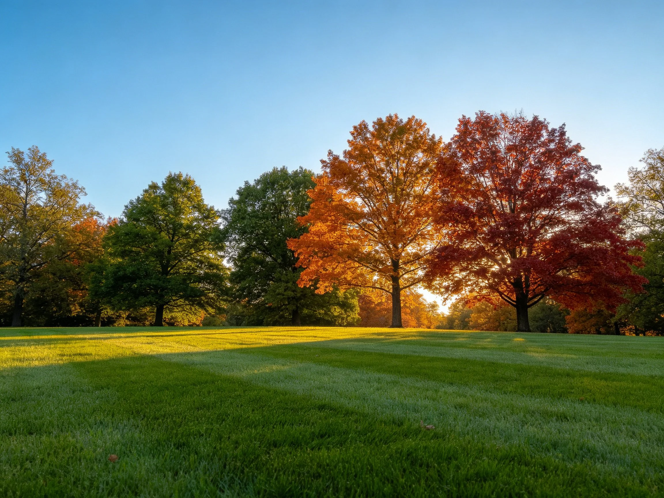 The image depicts a serene outdoor scene featuring several trees adorned with autumn hues ranging