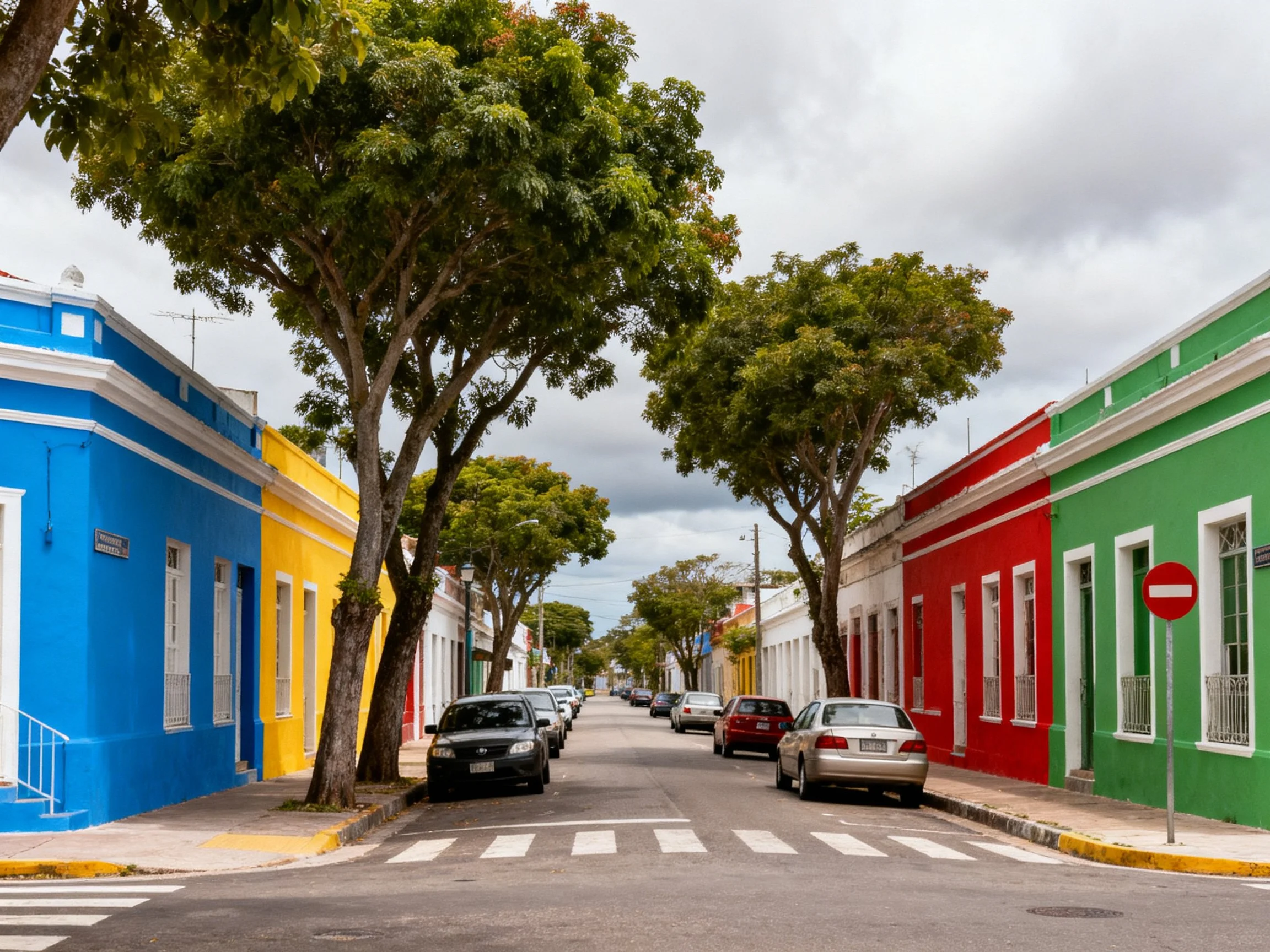 The image depicts a vibrant street lined with colonial-style buildings painted in bold hues—bright 