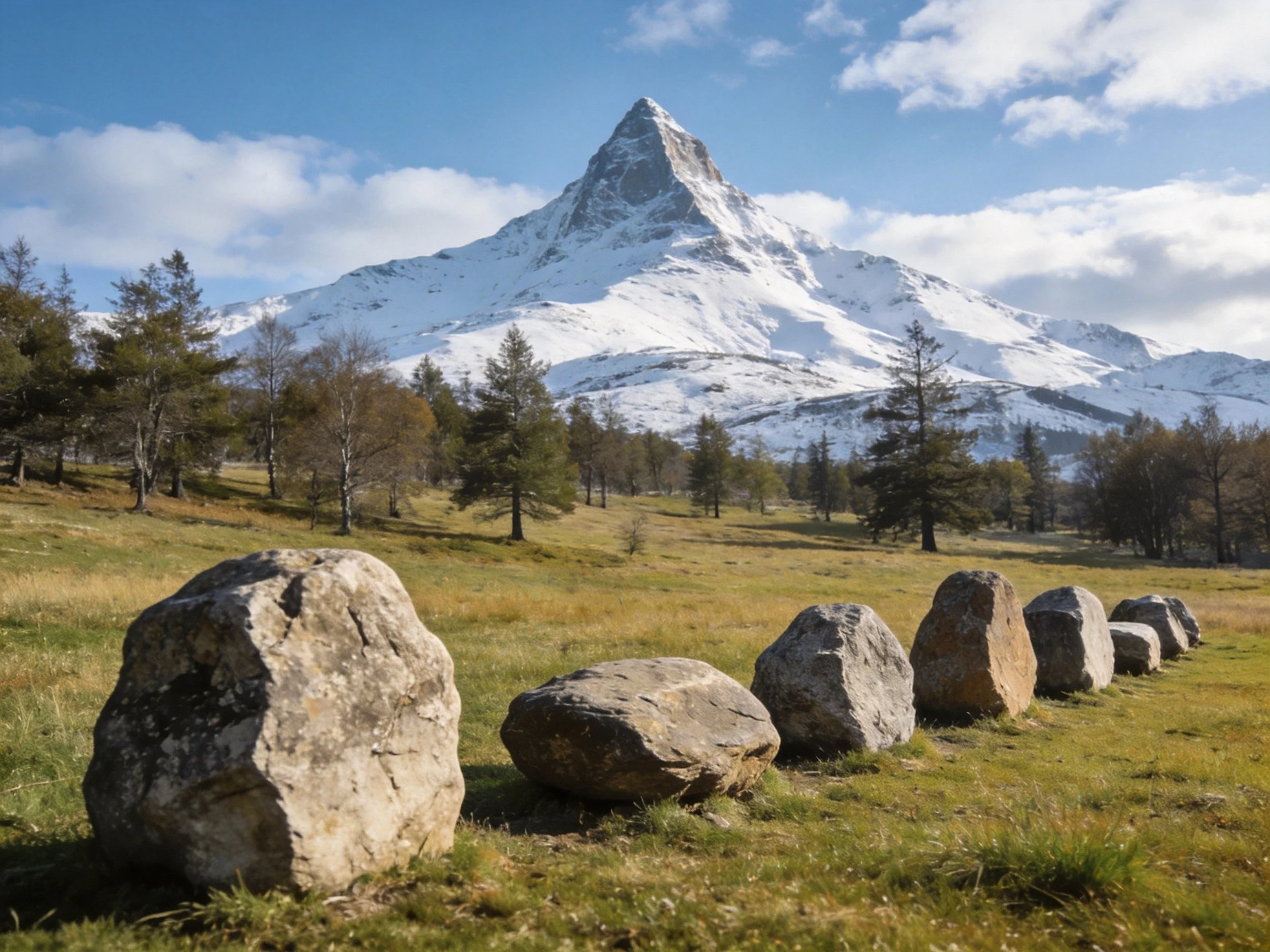 The image displays a stunning natural landscape featuring a row of substantial rocks positioned along