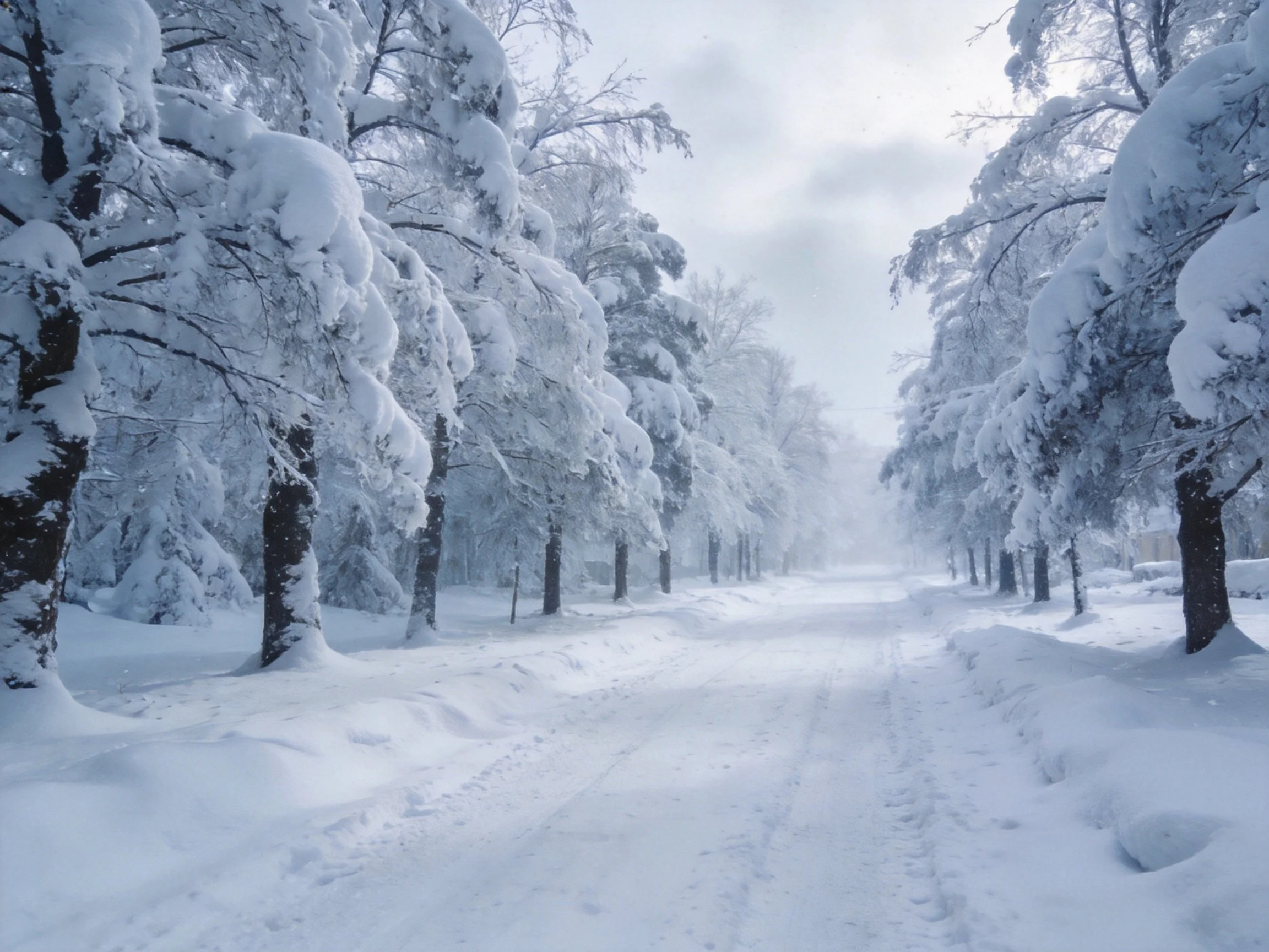 The image shows a peaceful winter scene with tall trees lining both sides of a