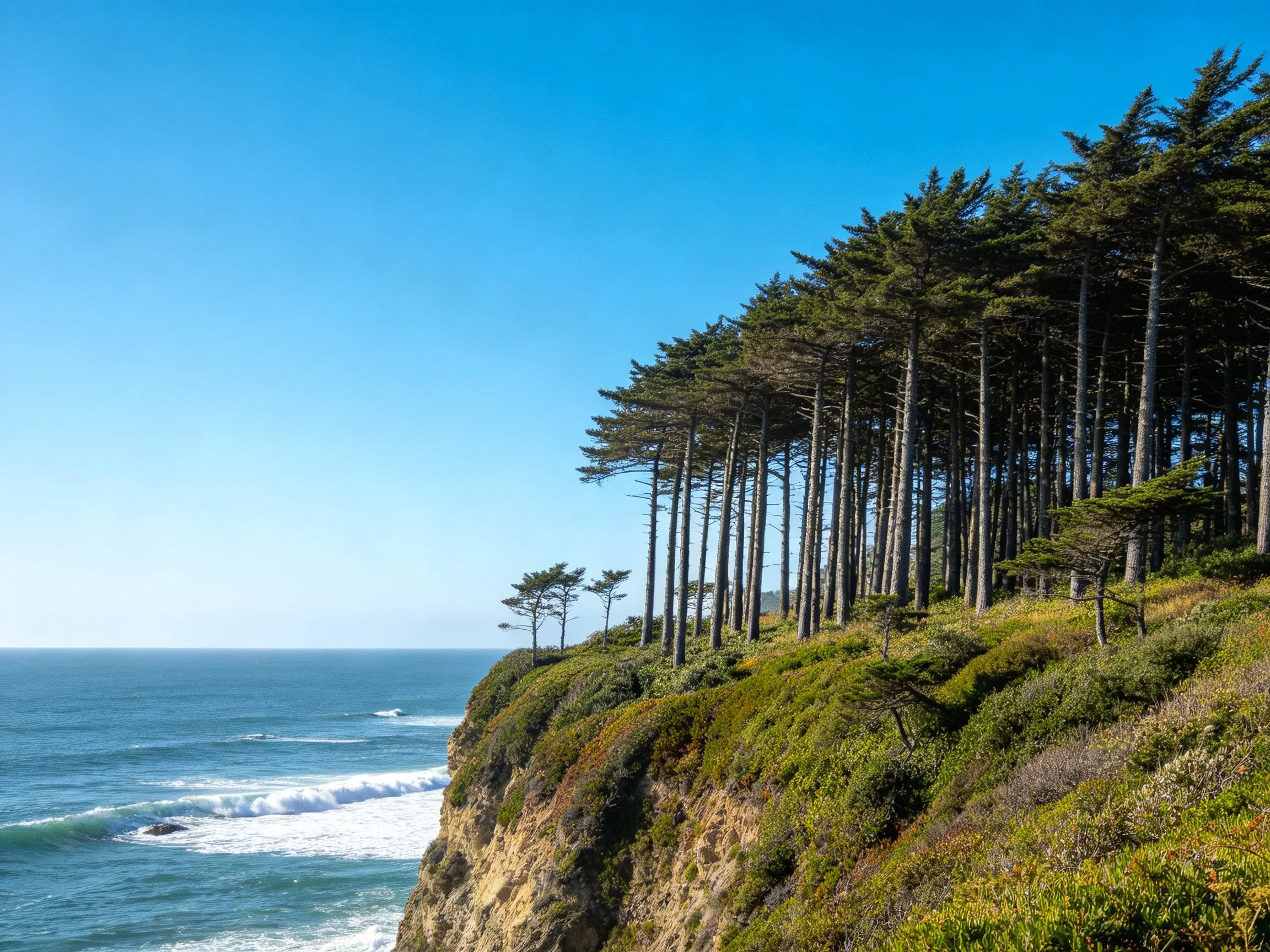 The rugged coastal cliff is adorned with tall evergreen trees whose slender trunks rise from