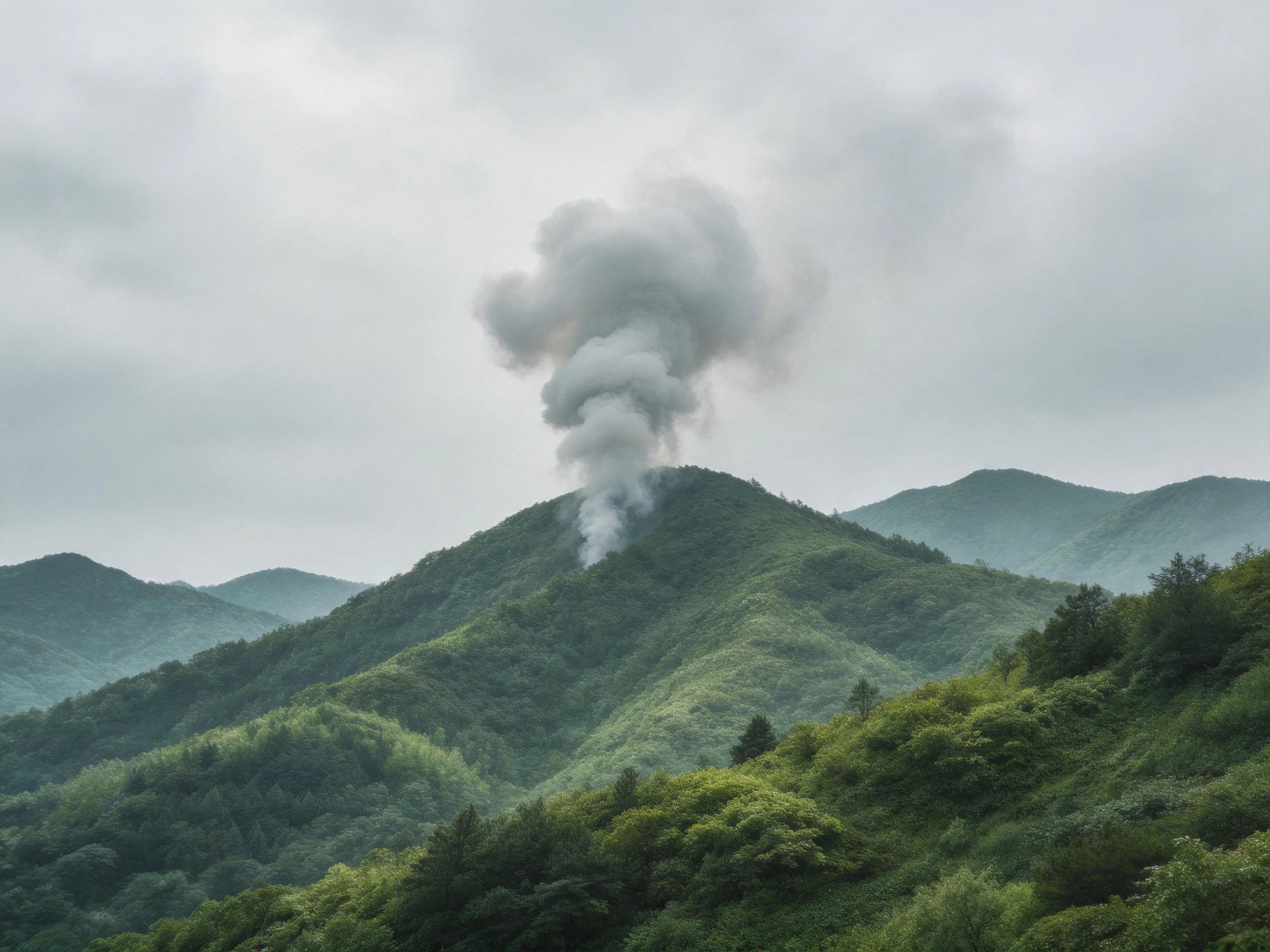 Thick gray smoke rises from a central mountain amid lush green hills