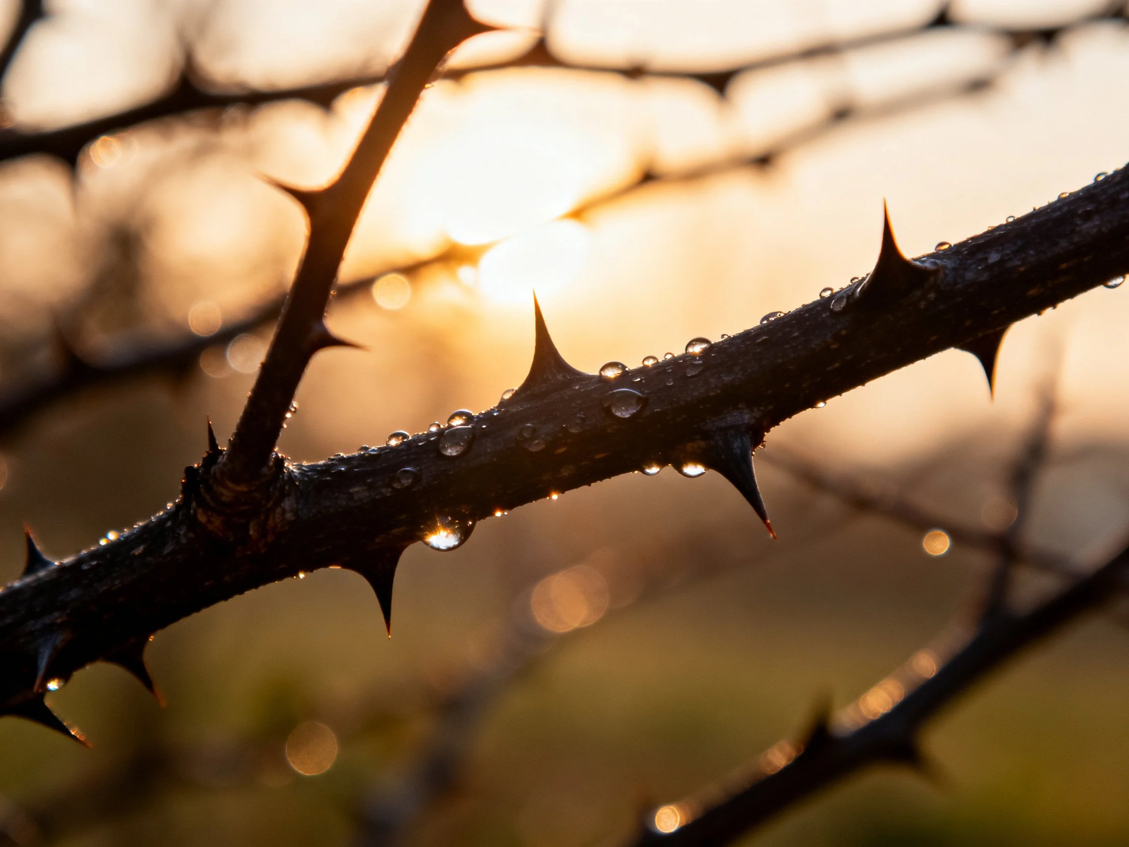 Thorny branch with water droplets under golden sunlight