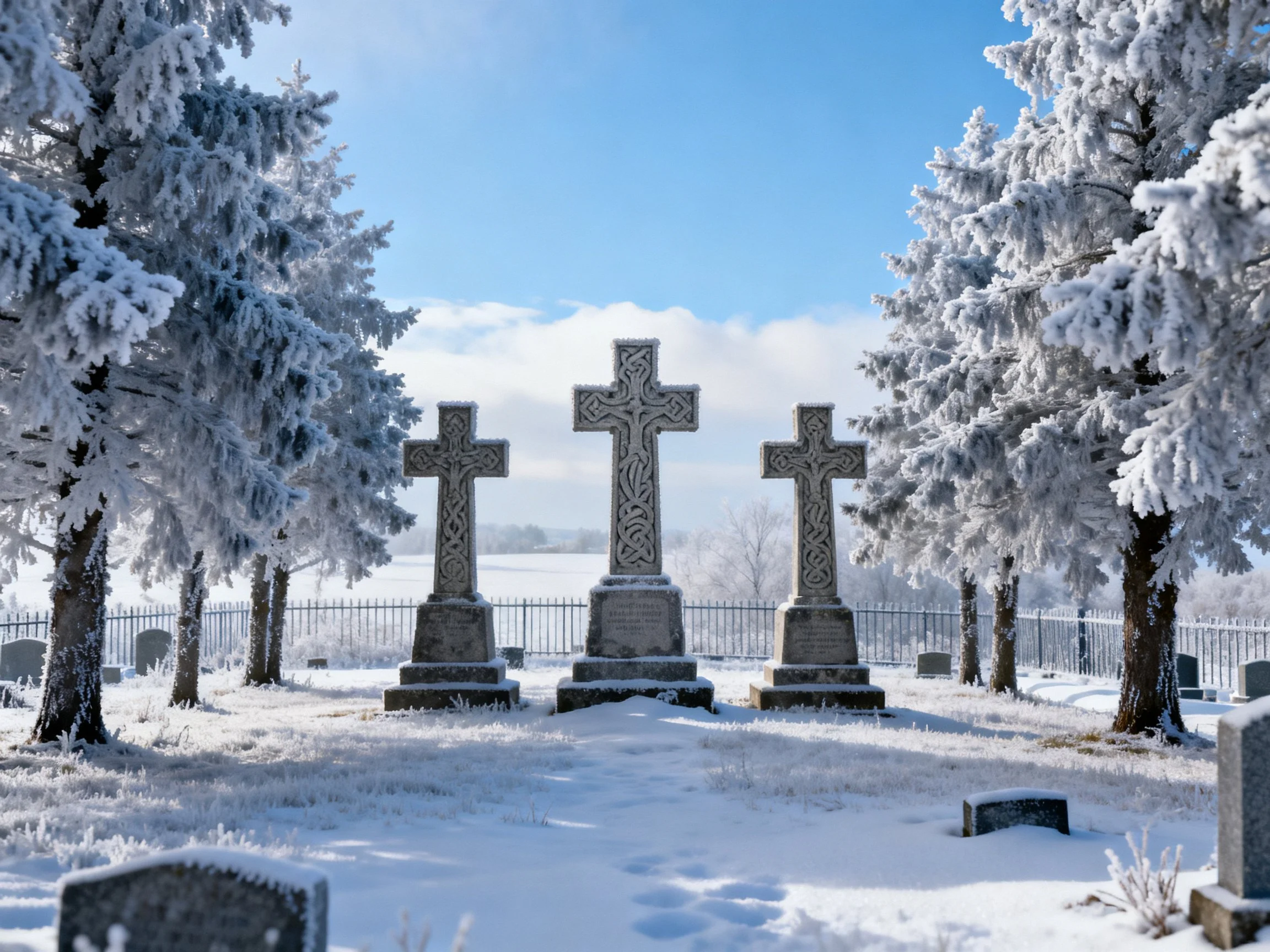 Three Celtic Crosses in a Snow-Covered Cemetery