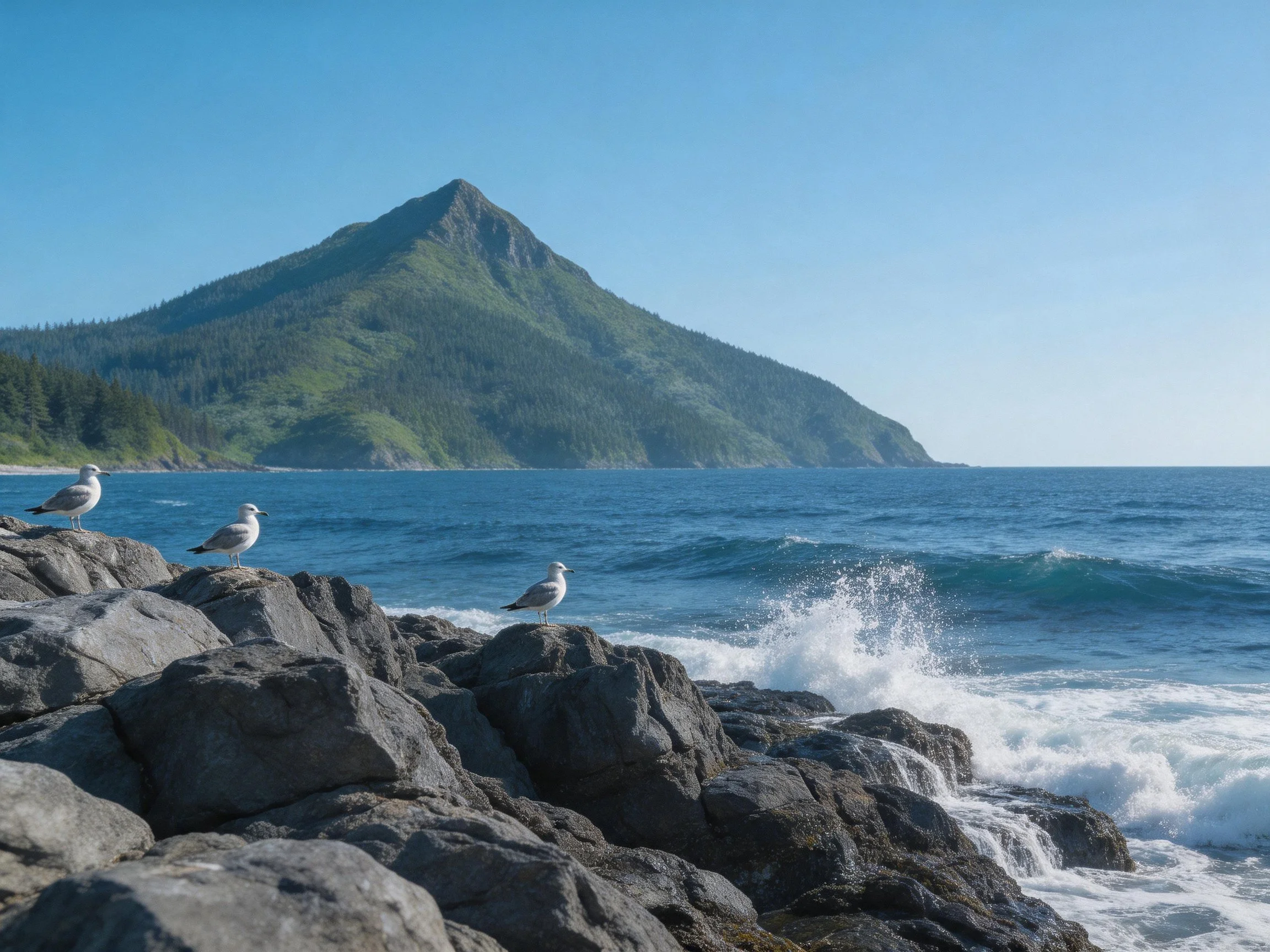 Three Seagulls Perched on Coastal Rocks Near Turquoise Waters and Green Mountain