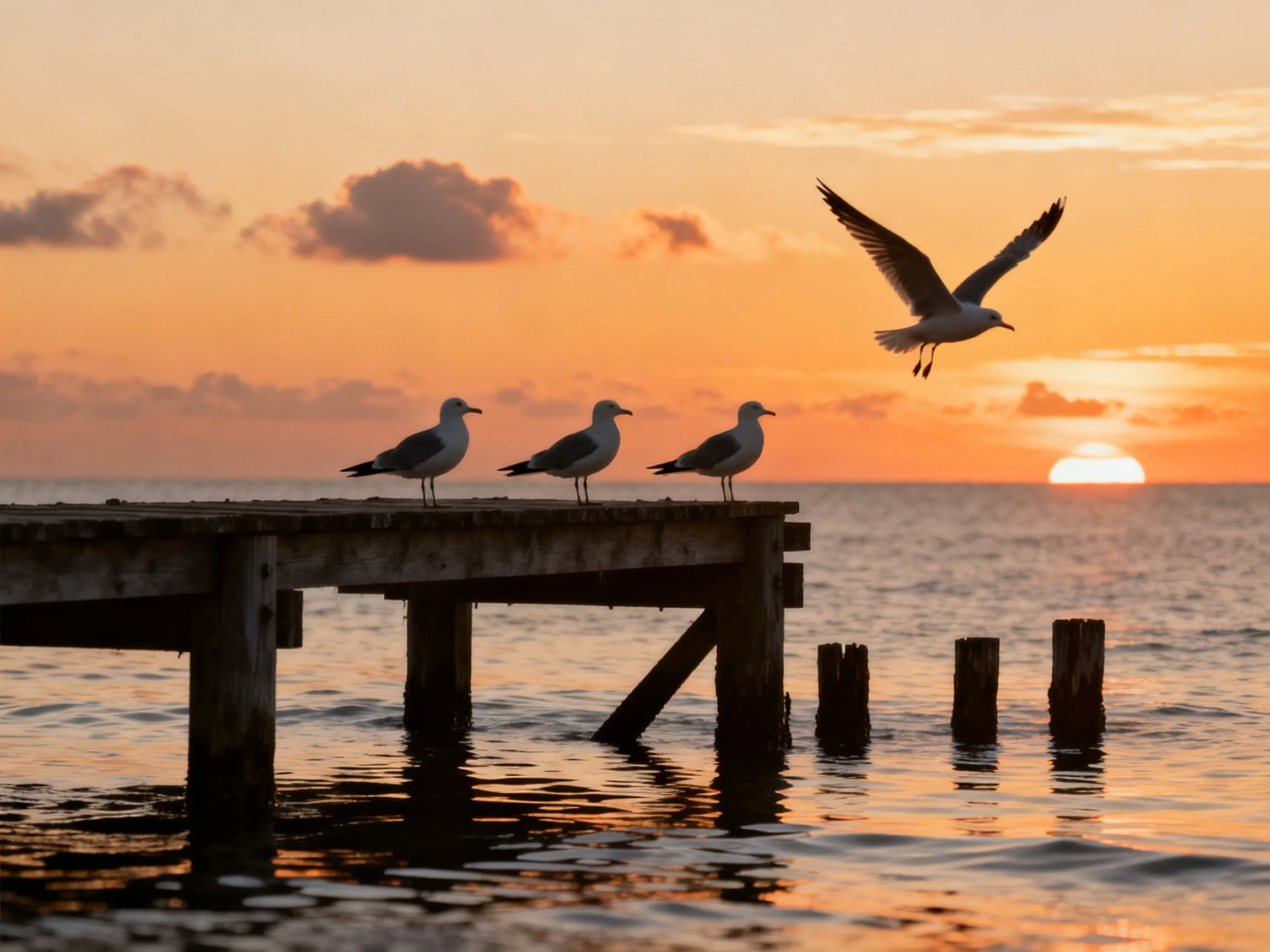 Three Seagulls on Pier, One Flying, at Sunset Over Water