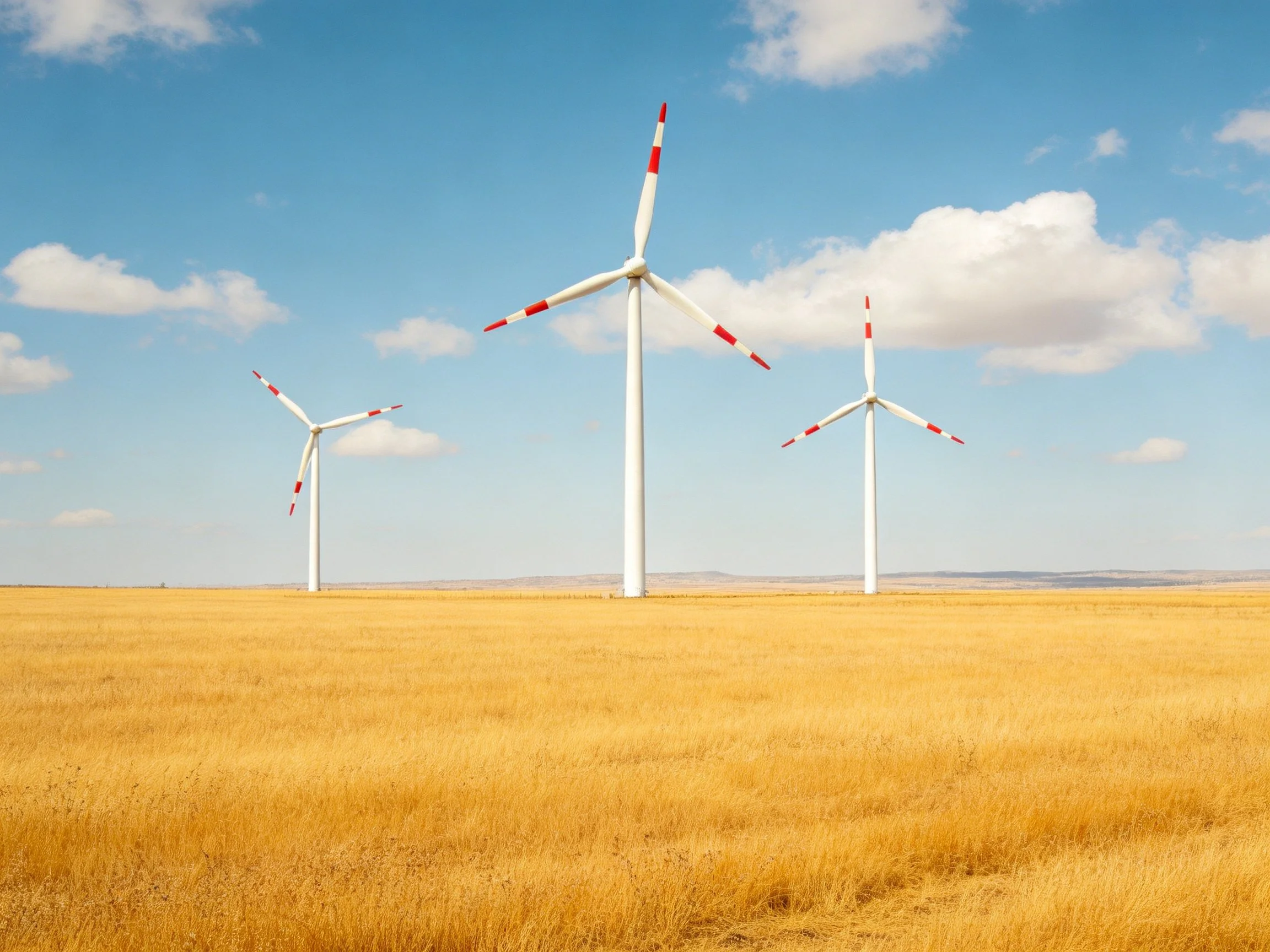 Three Wind Turbines in a Golden Field Under Bright Blue Sky