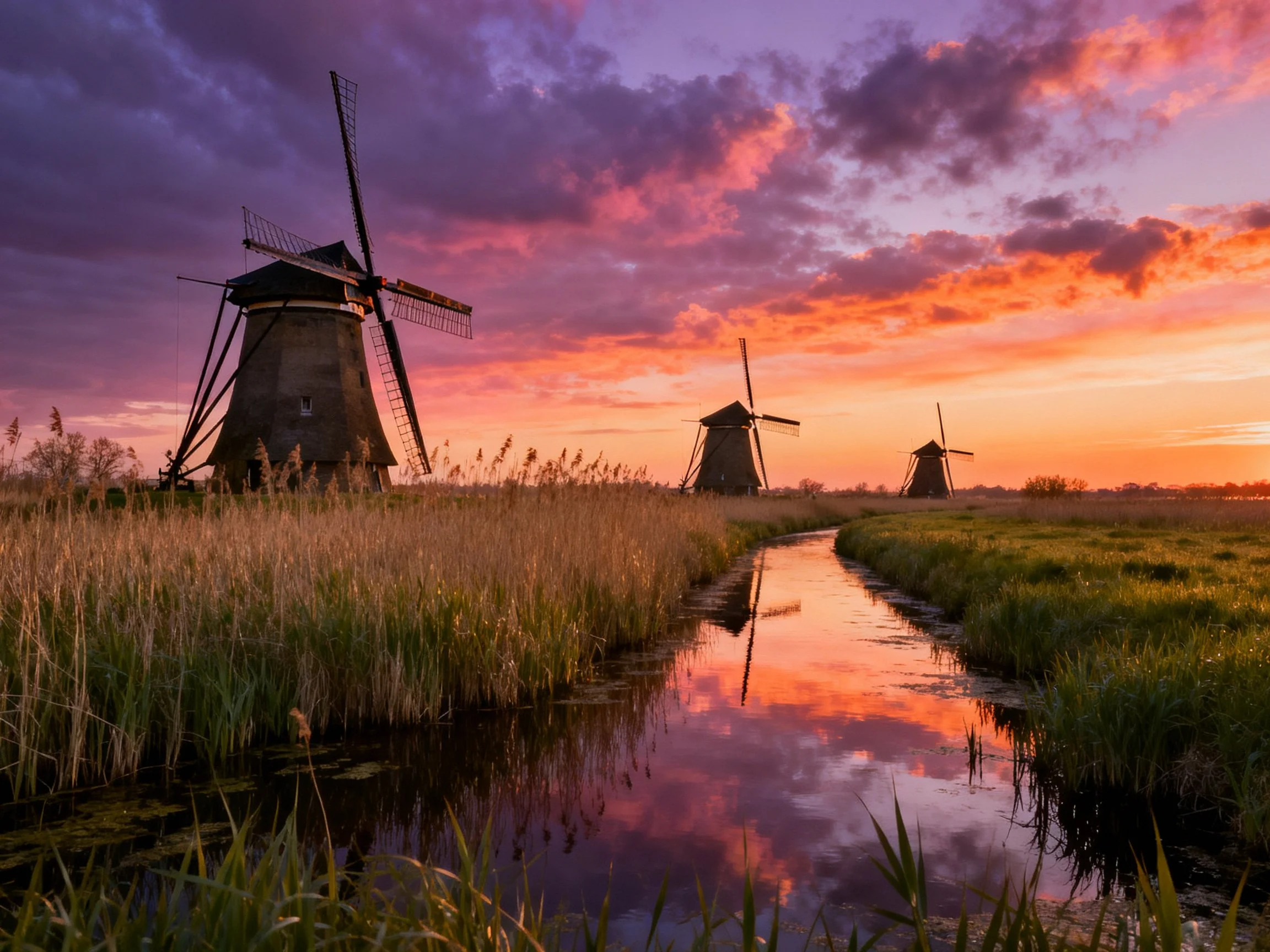 Three Windmills Near a Reflective Canal Under Vibrant Sunset Skies